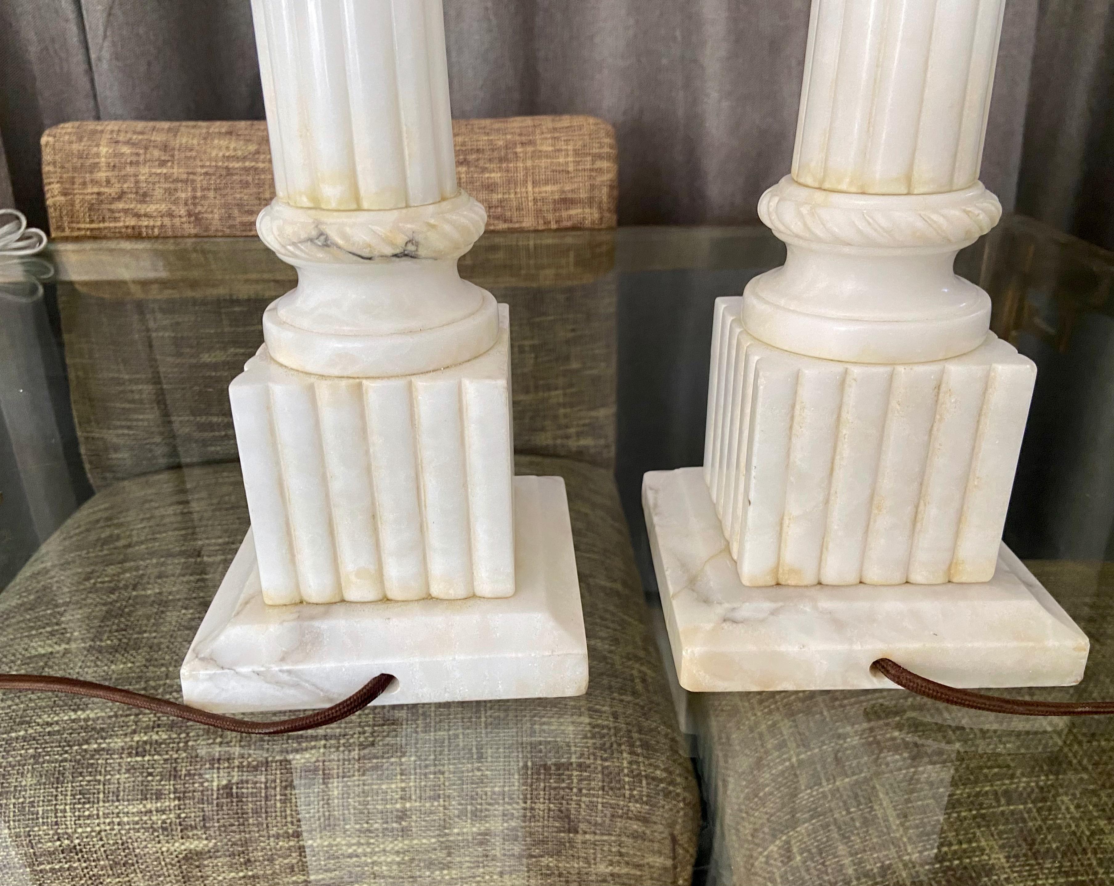 Pair Italian Column Neoclassic Alabaster Table Lamps 9