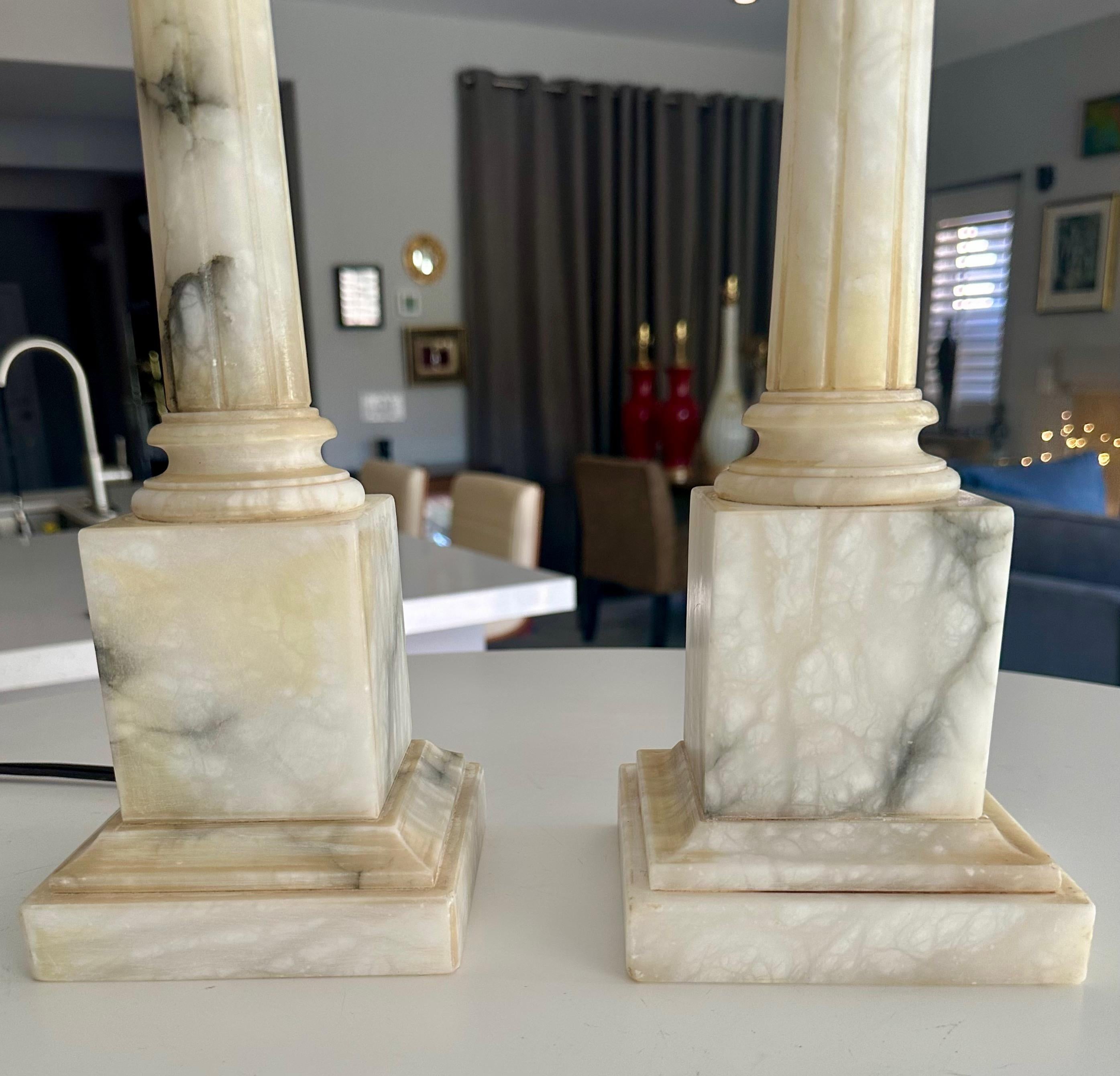 Pair Italian Column Neoclassic Alabaster Table Lamps 11