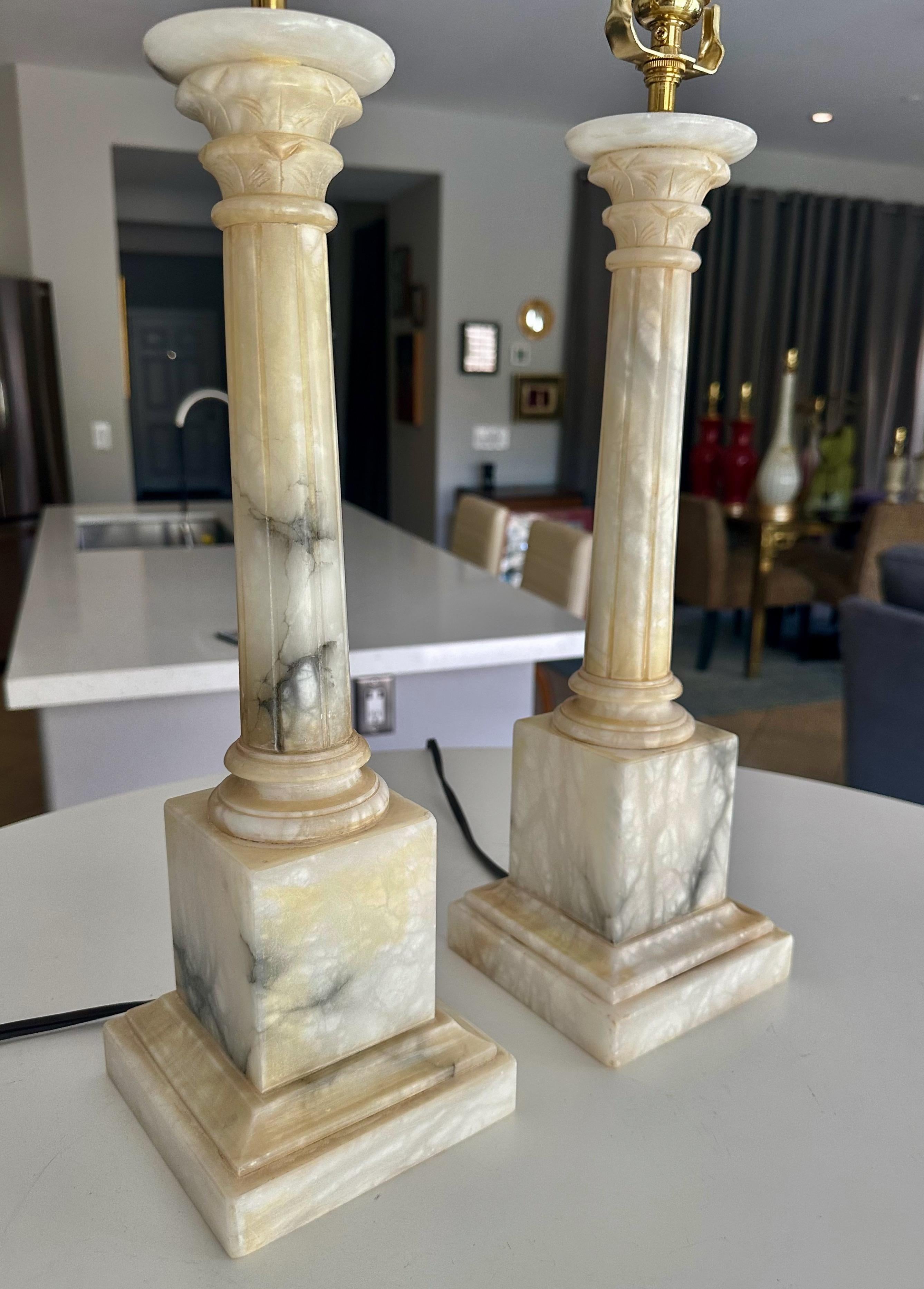Pair Italian Column Neoclassic Alabaster Table Lamps 13