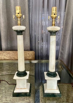 Pair Italian Column Neoclassic Alabaster Table Lamps