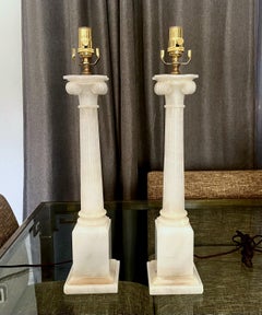 Pair Italian Column Neoclassic Alabaster Table Lamps