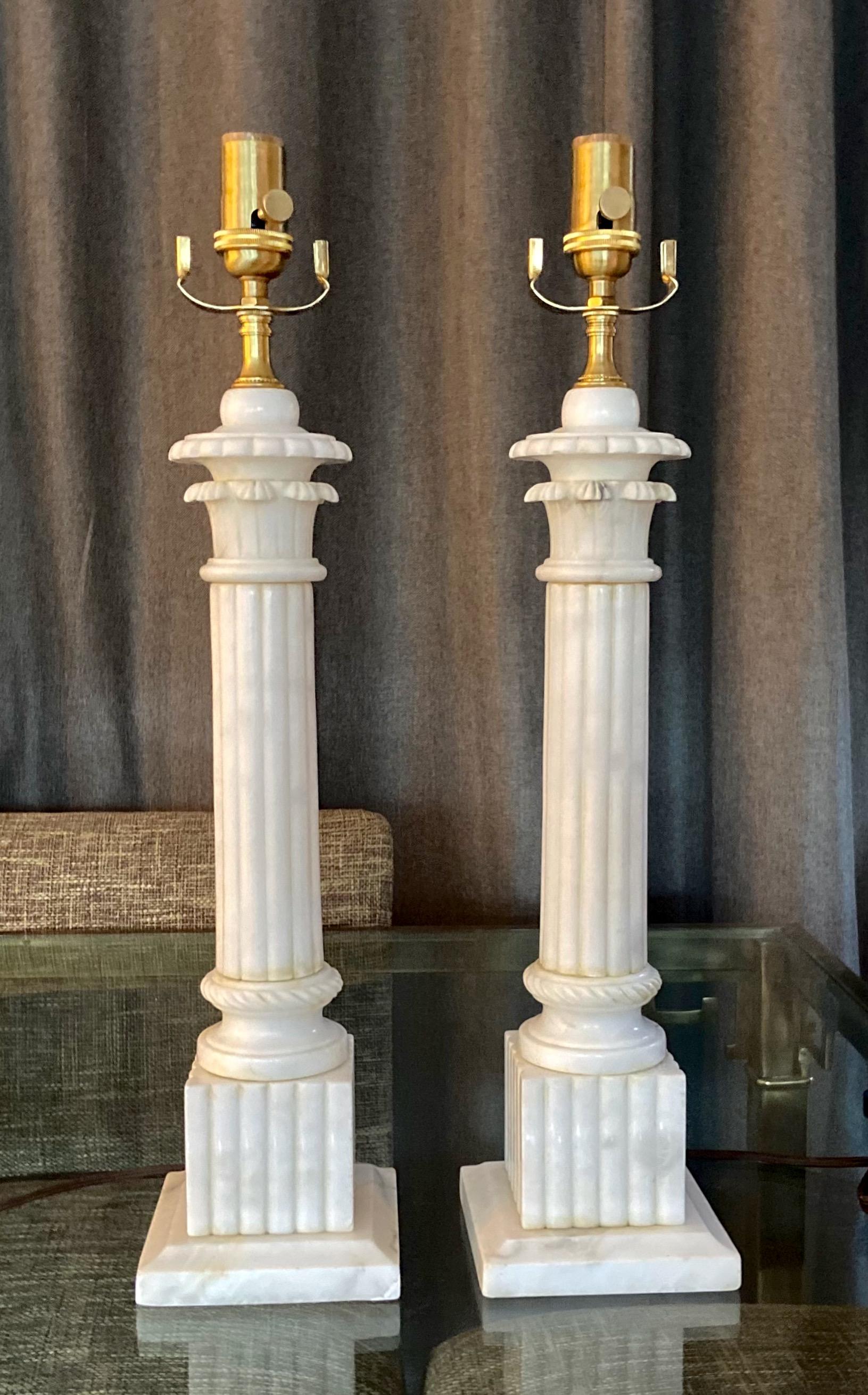 Pair Italian Column Neoclassic Alabaster Table Lamps 14