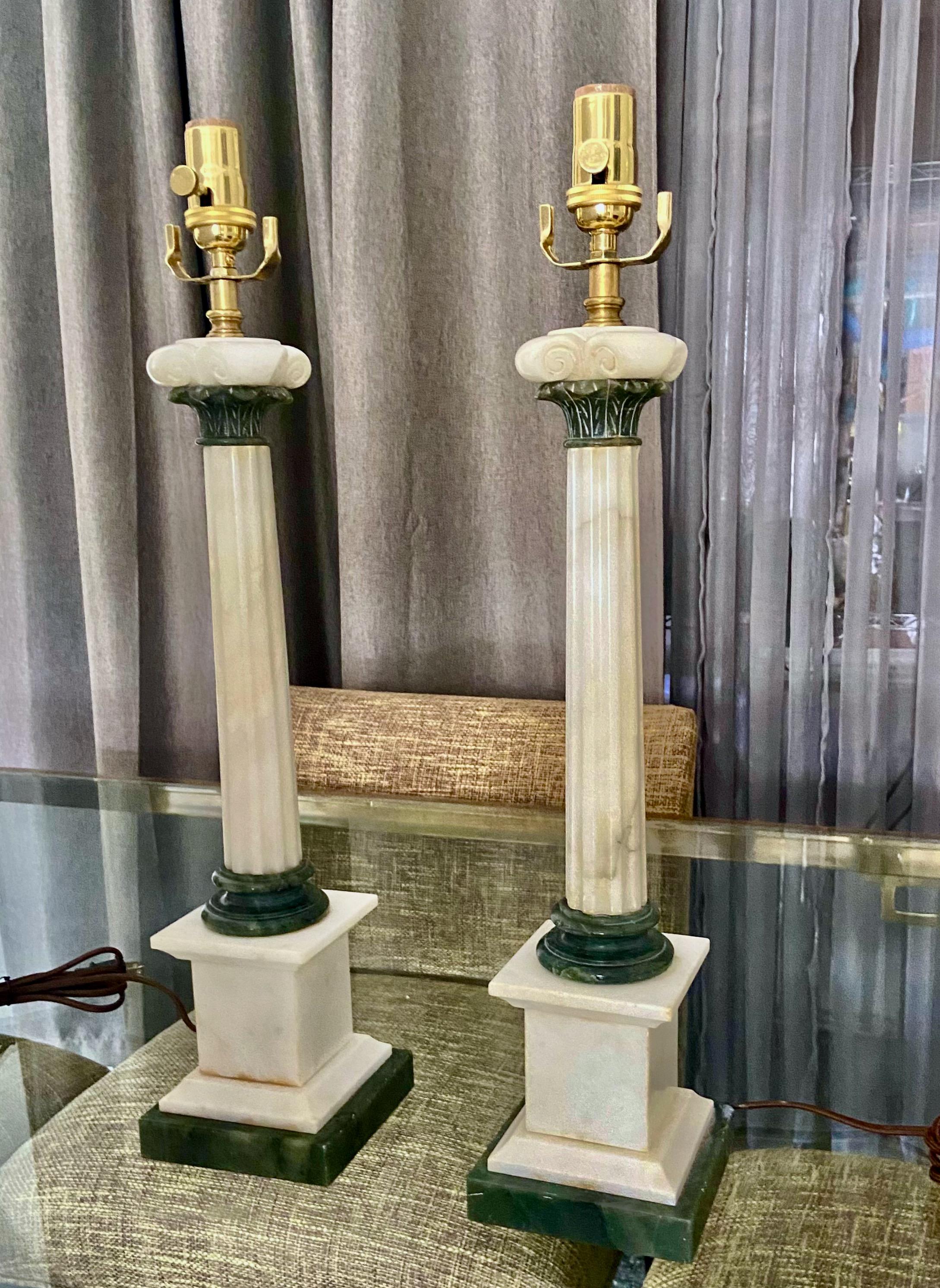 Classical Greek Pair Italian Column Neoclassic Alabaster Table Lamps For Sale
