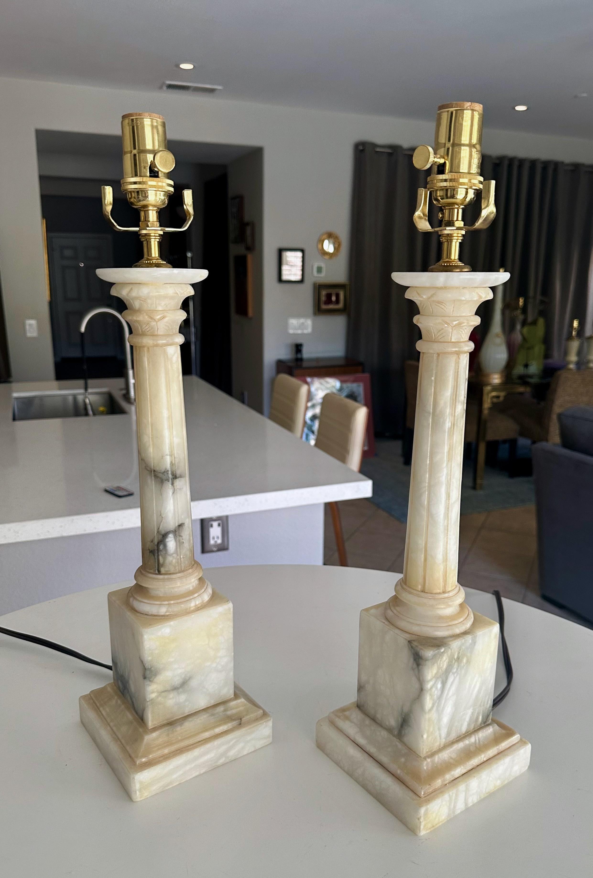 Classical Greek Pair Italian Column Neoclassic Alabaster Table Lamps