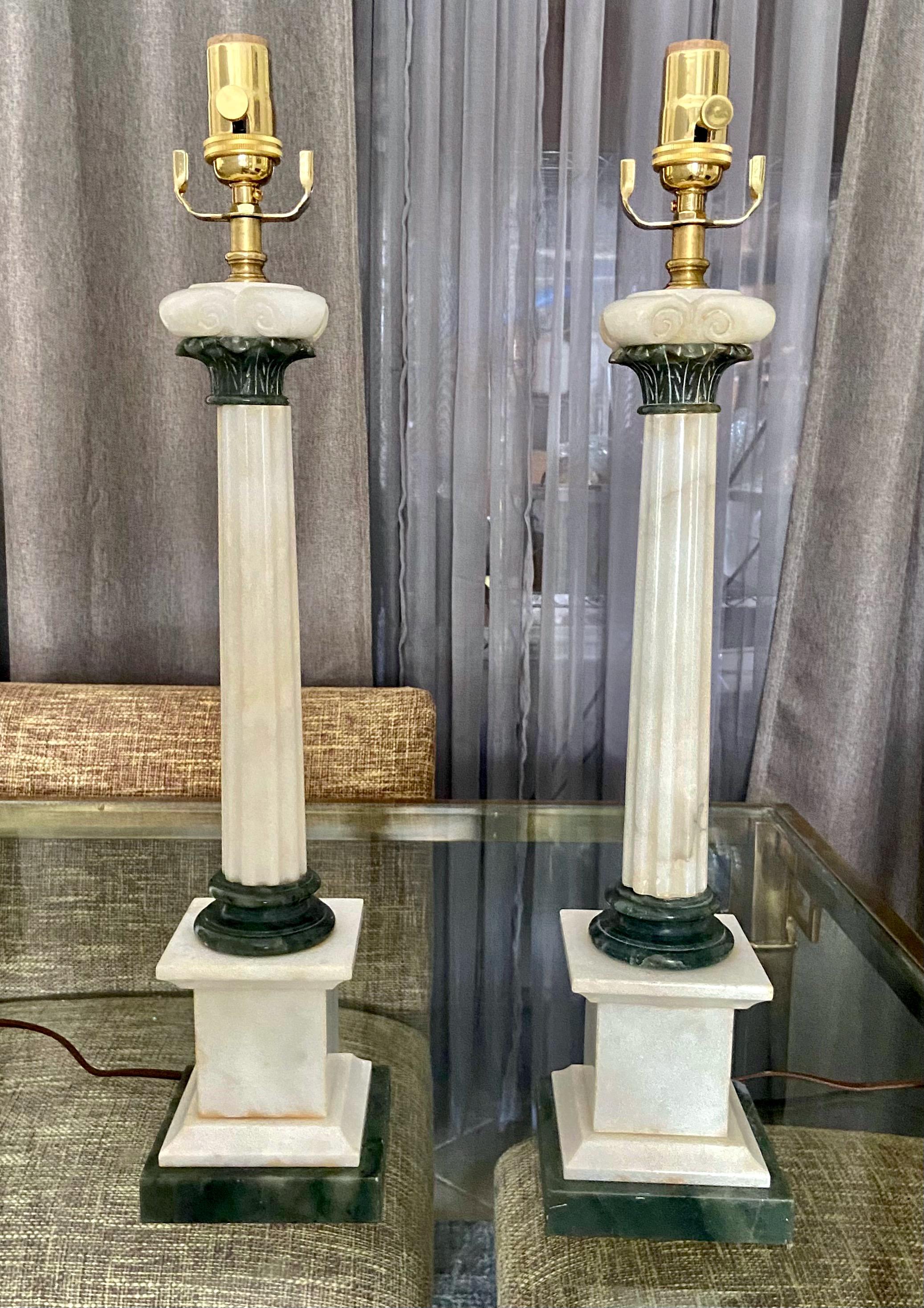 Pair Italian Column Neoclassic Alabaster Table Lamps In Good Condition For Sale In Palm Springs, CA