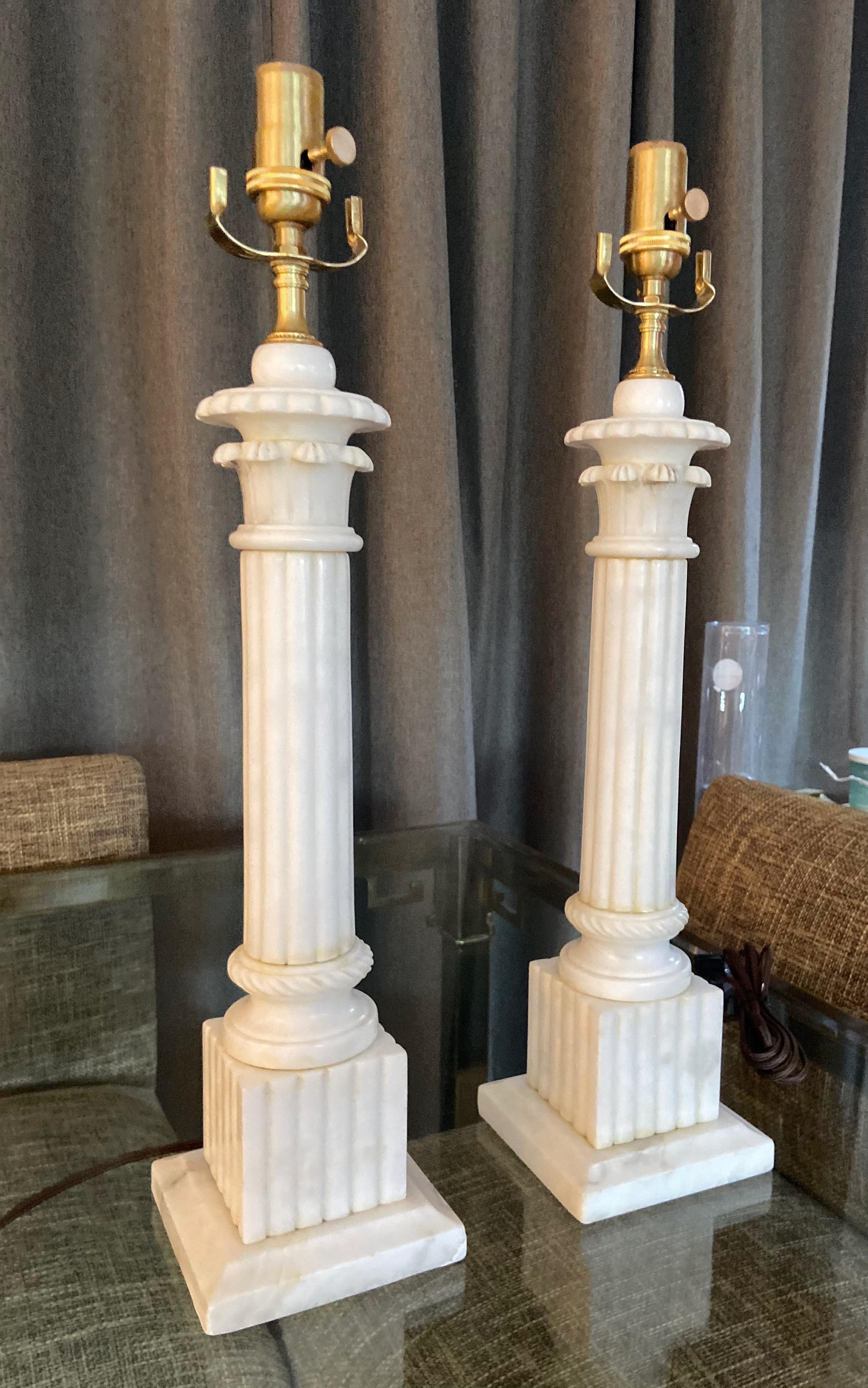 Pair Italian Column Neoclassic Alabaster Table Lamps In Good Condition In Palm Springs, CA