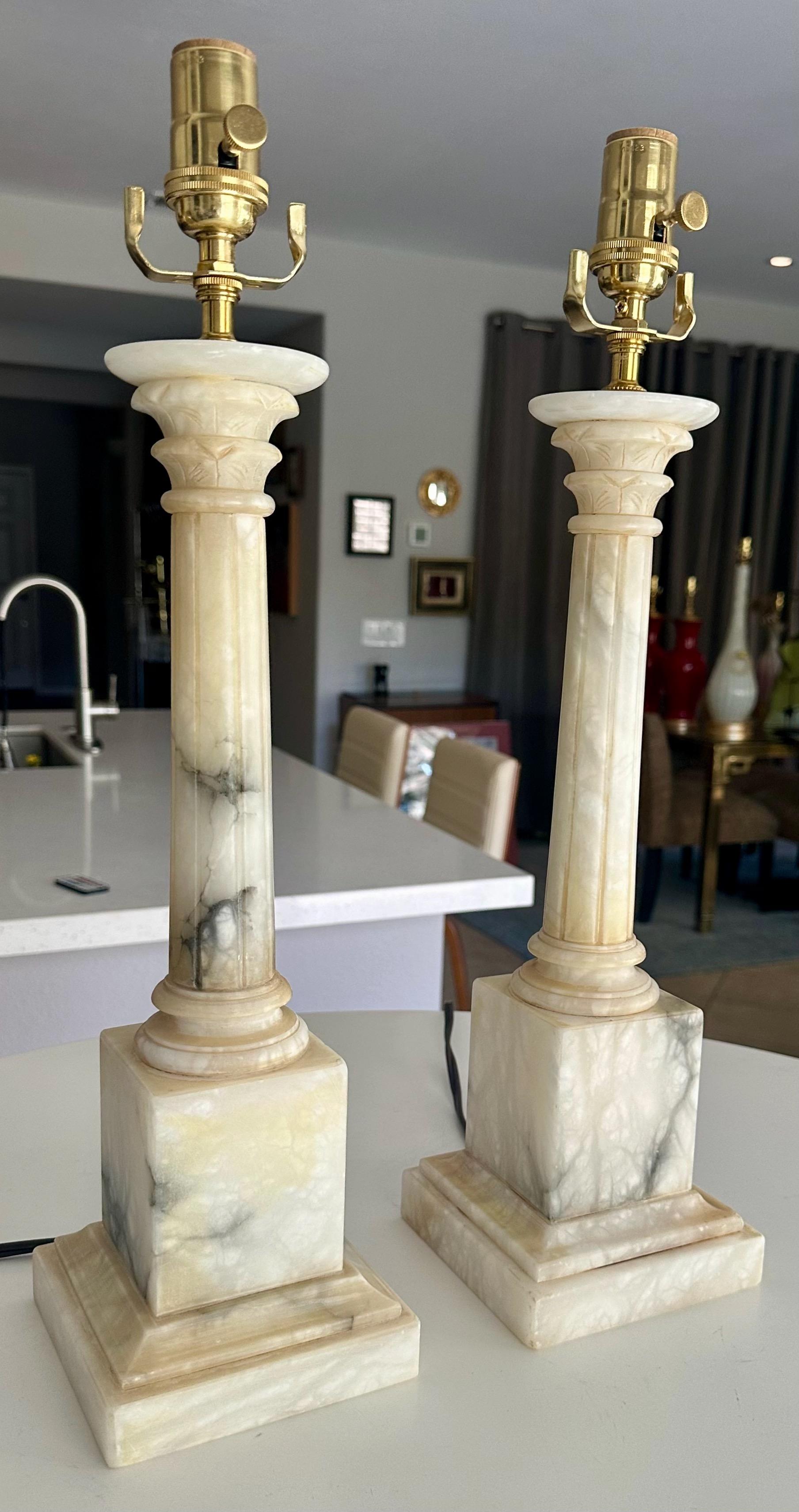 Pair Italian Column Neoclassic Alabaster Table Lamps In Good Condition In Palm Springs, CA