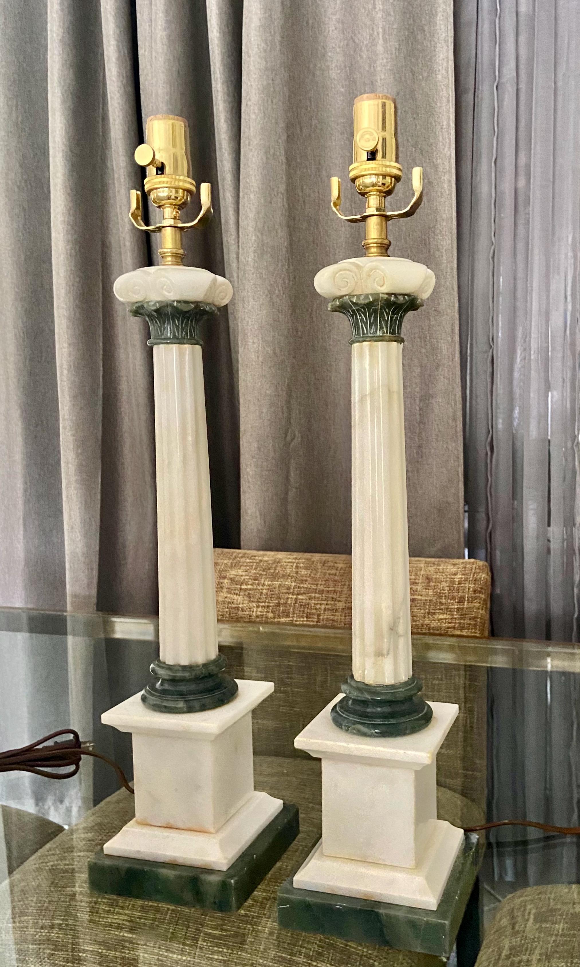 Mid-20th Century Pair Italian Column Neoclassic Alabaster Table Lamps For Sale