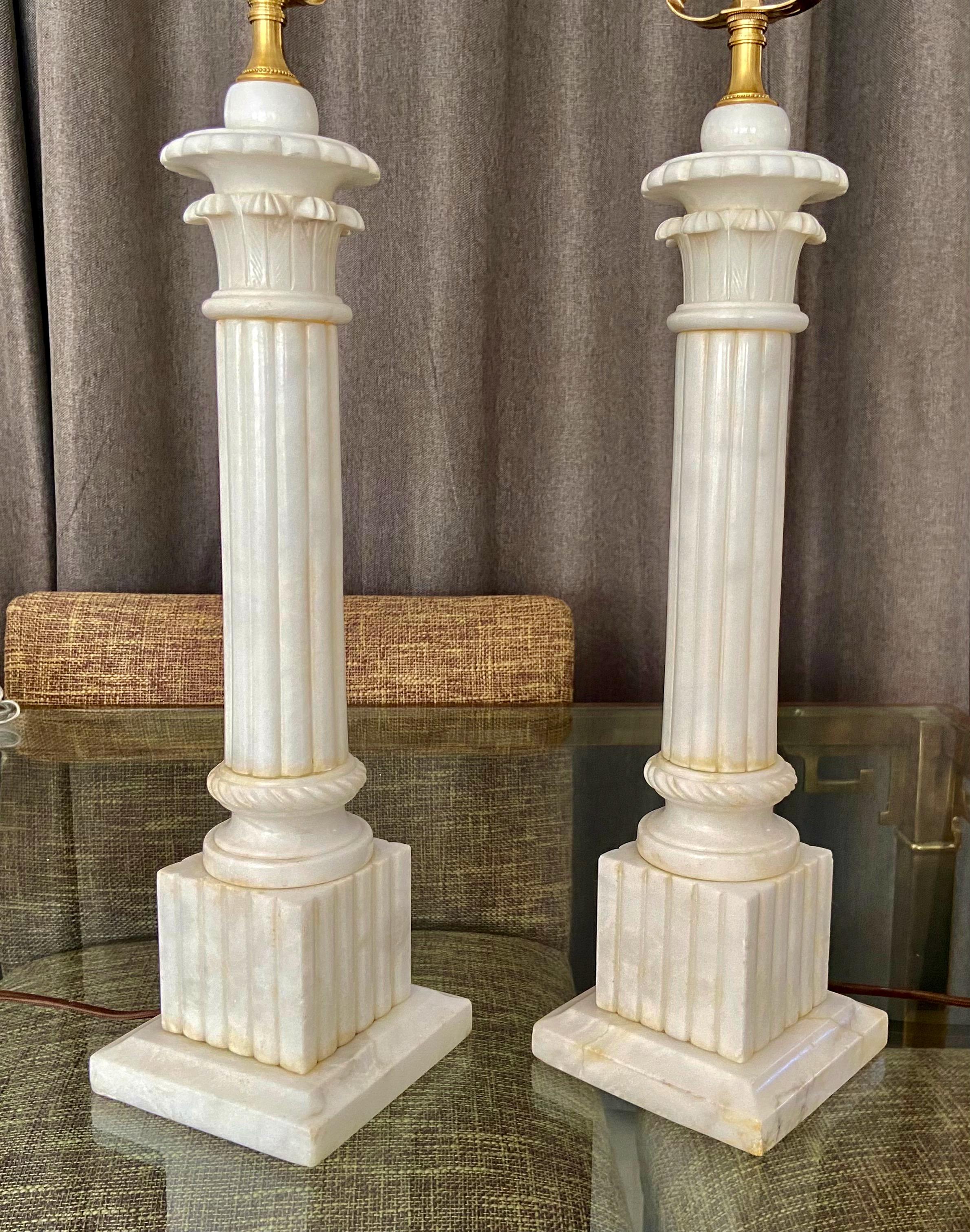 Mid-20th Century Pair Italian Column Neoclassic Alabaster Table Lamps