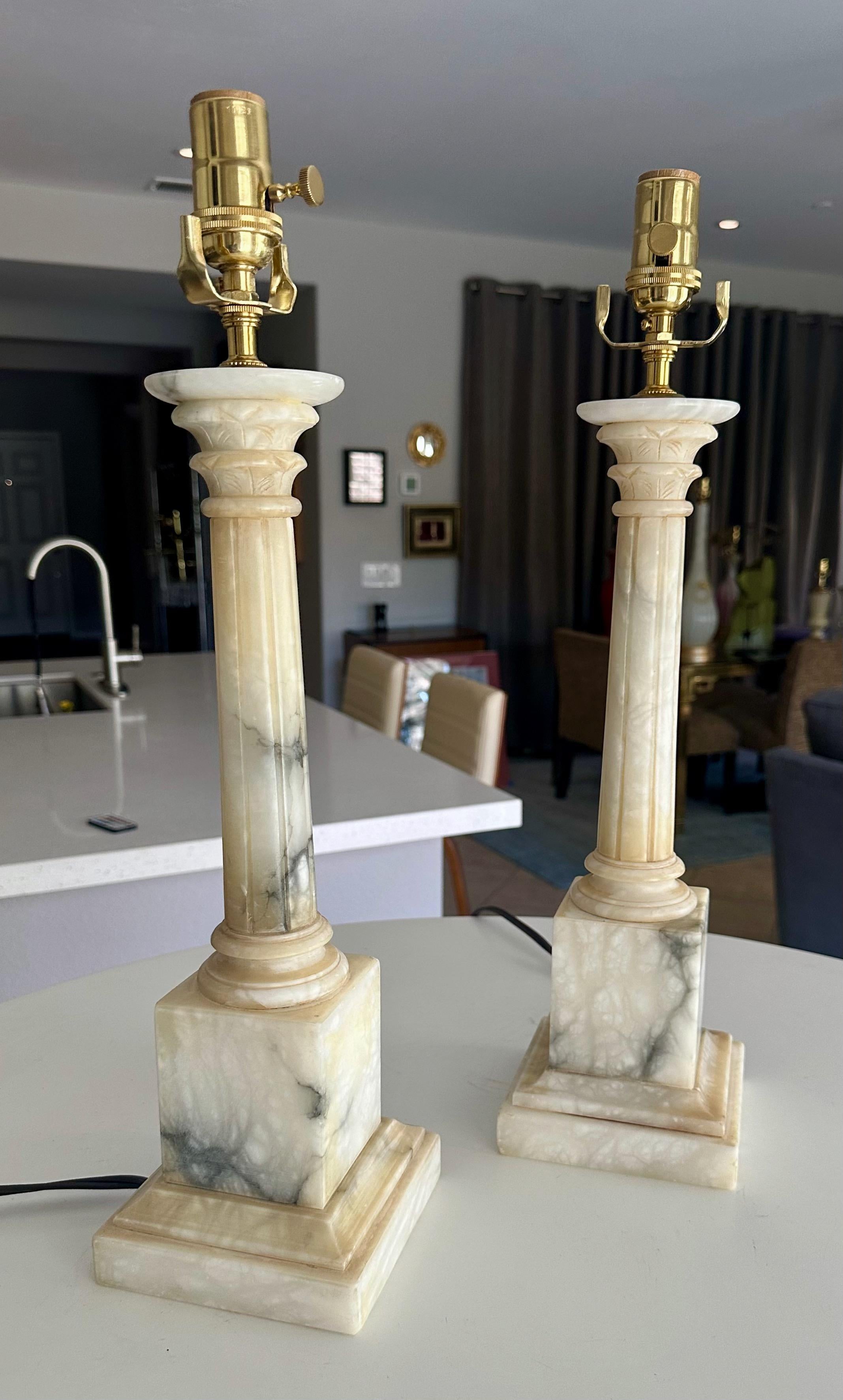 Mid-20th Century Pair Italian Column Neoclassic Alabaster Table Lamps
