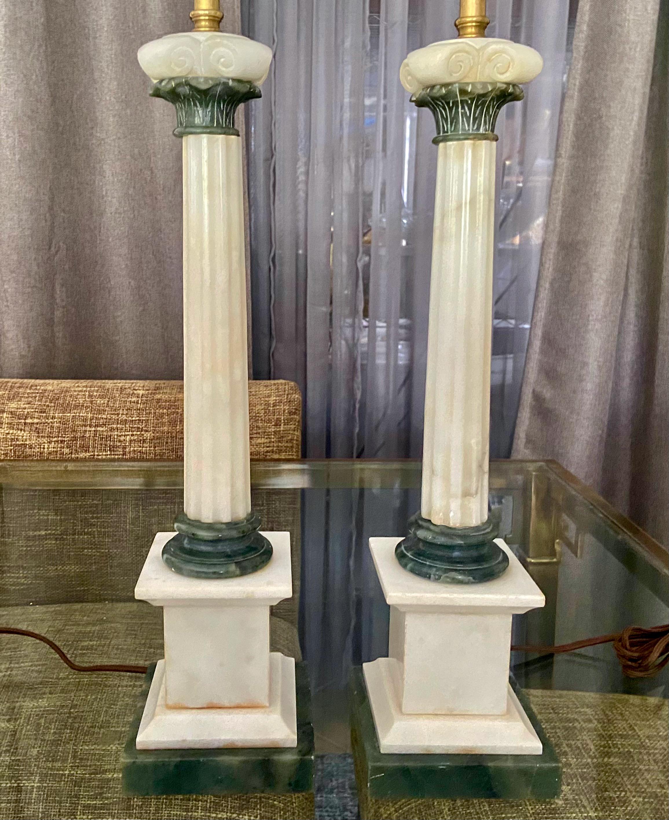 Brass Pair Italian Column Neoclassic Alabaster Table Lamps For Sale