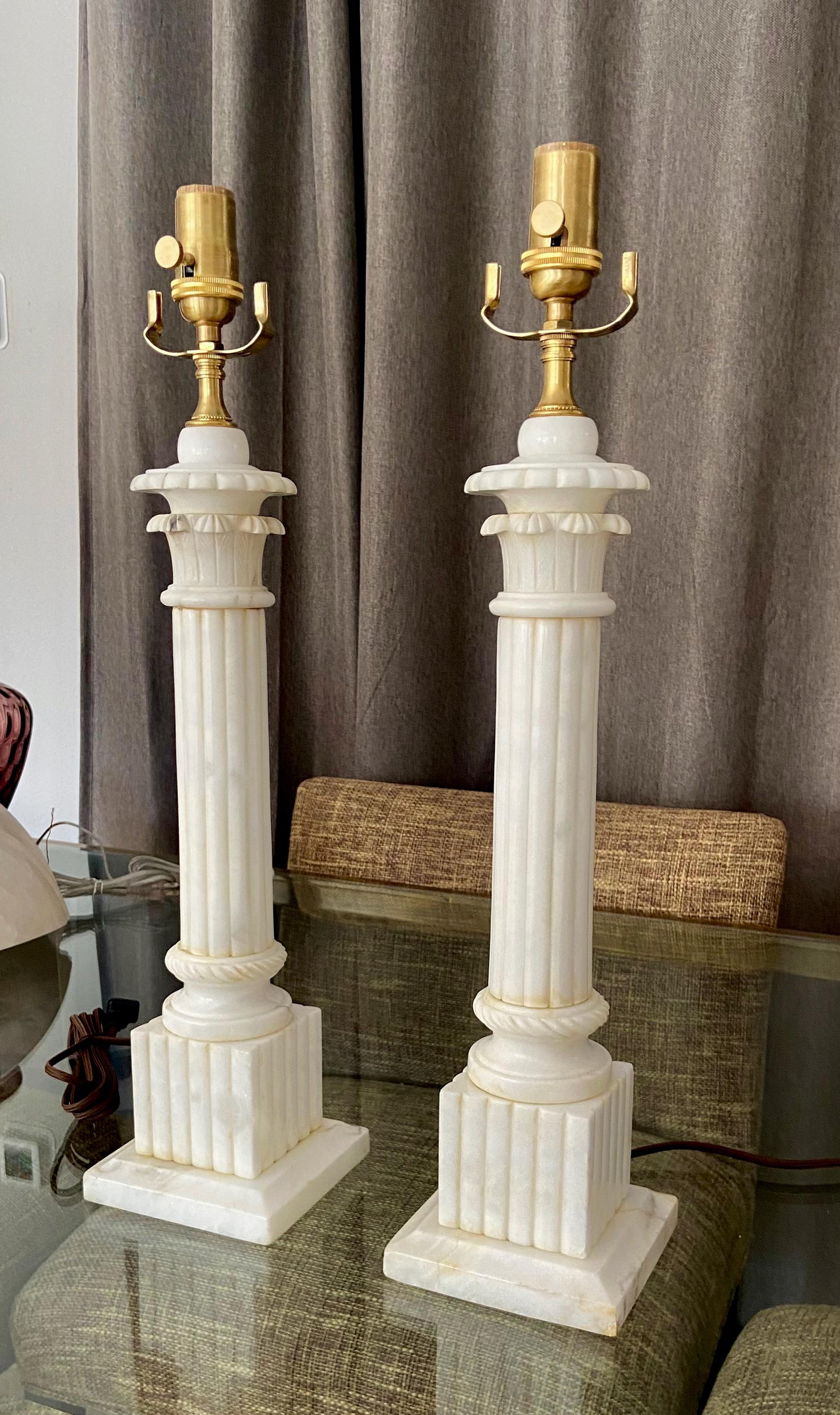 Brass Pair Italian Column Neoclassic Alabaster Table Lamps