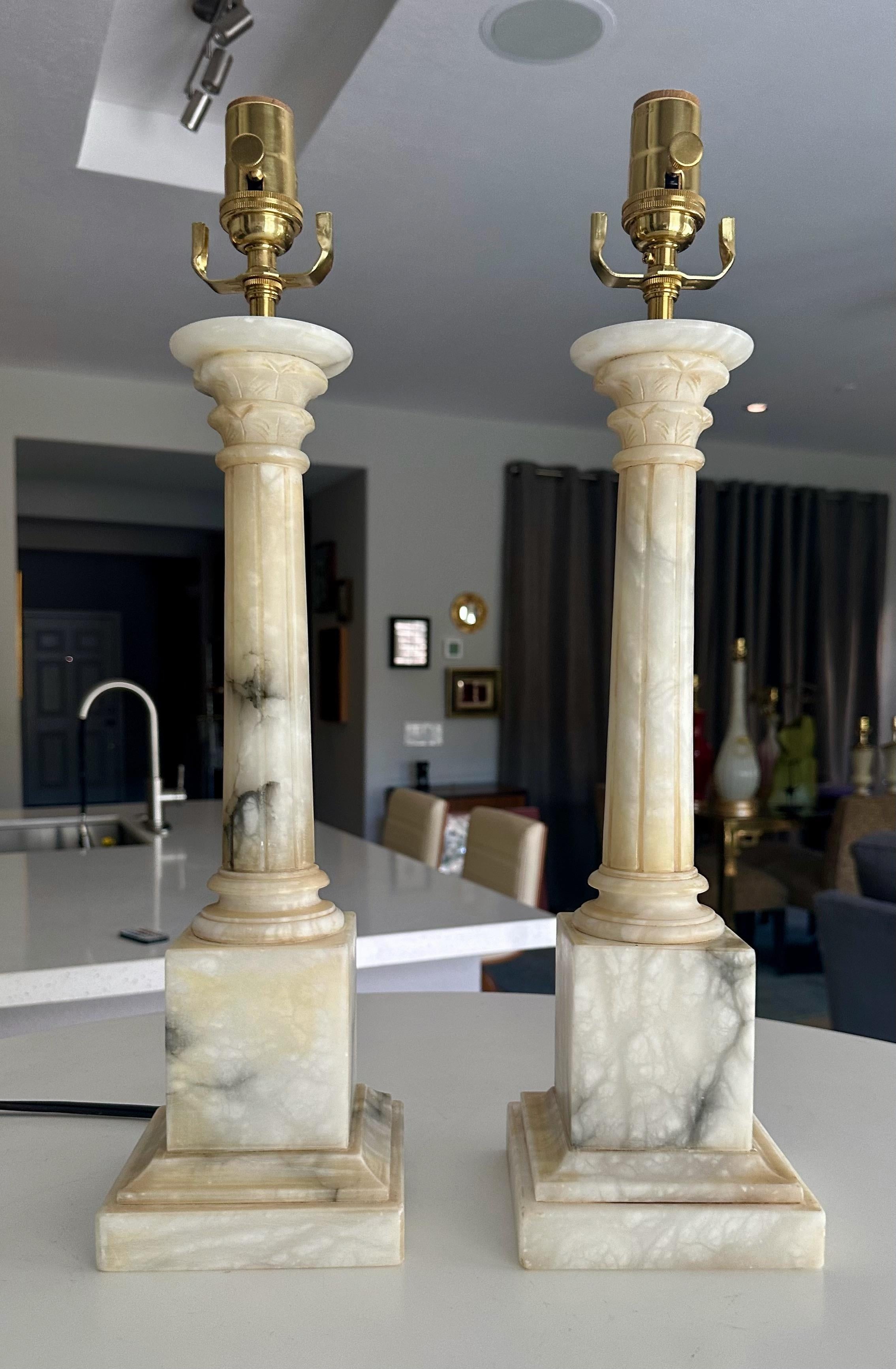 Brass Pair Italian Column Neoclassic Alabaster Table Lamps