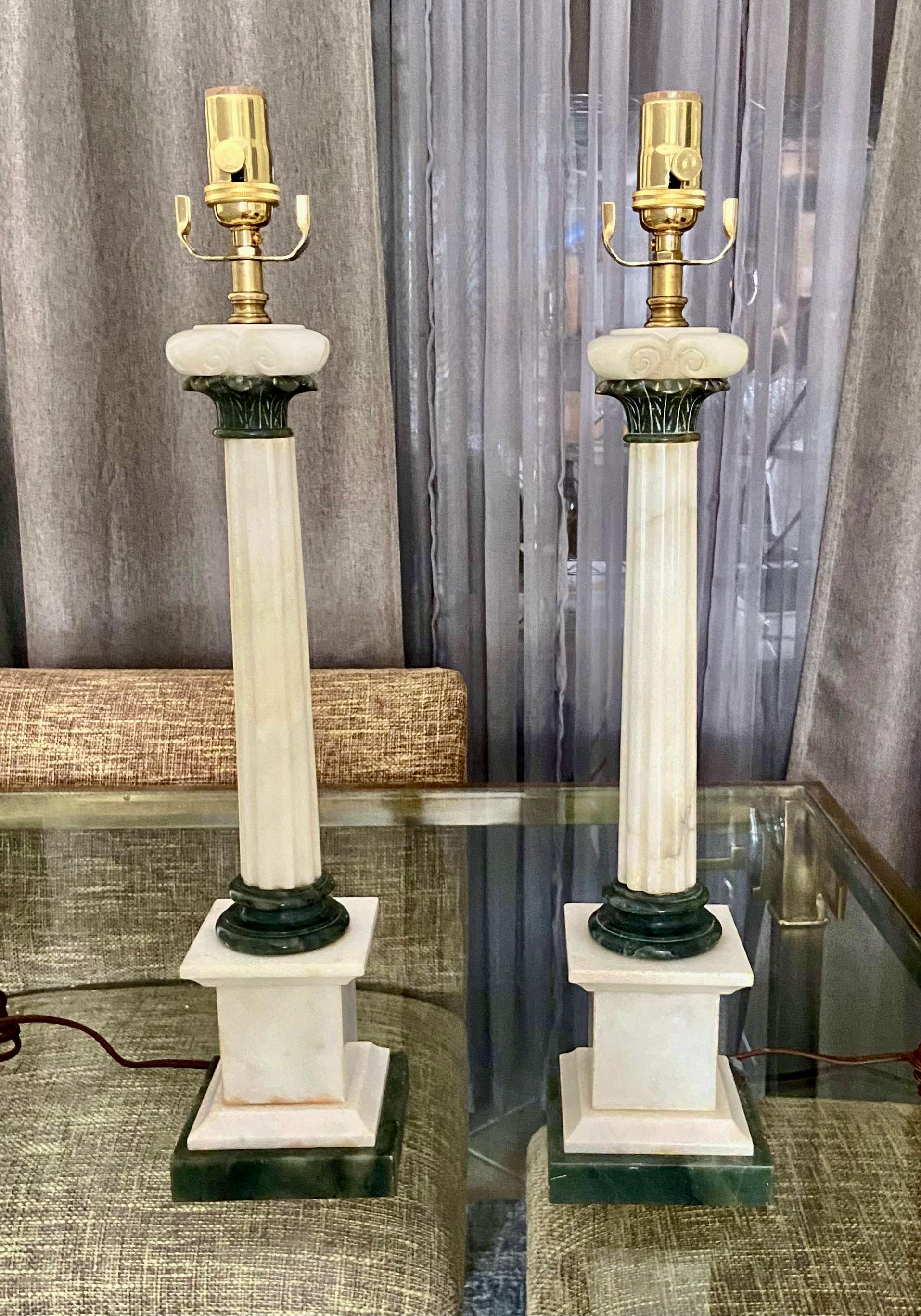 Pair Italian Column Neoclassic Alabaster Table Lamps For Sale 1