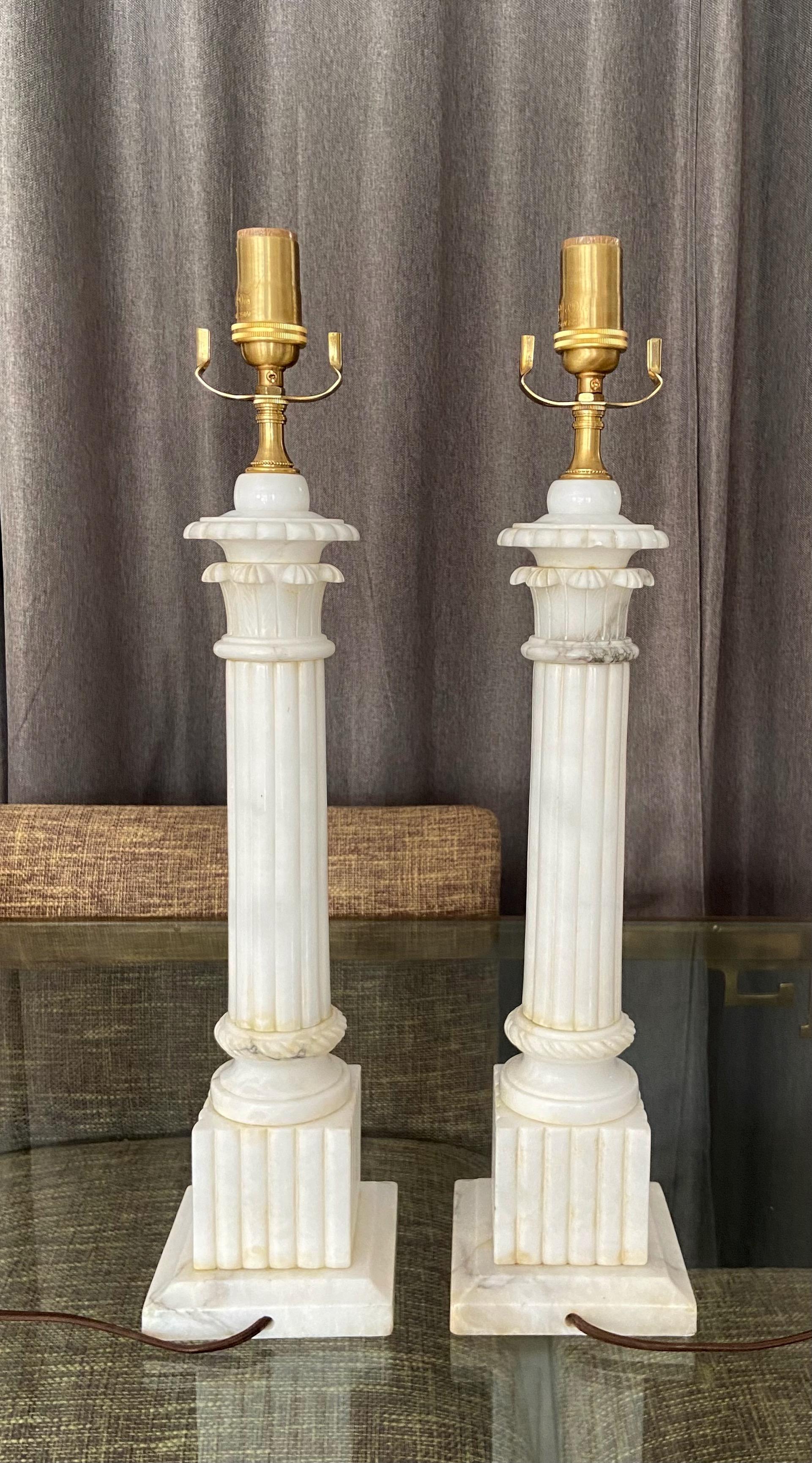 Pair Italian Column Neoclassic Alabaster Table Lamps 1