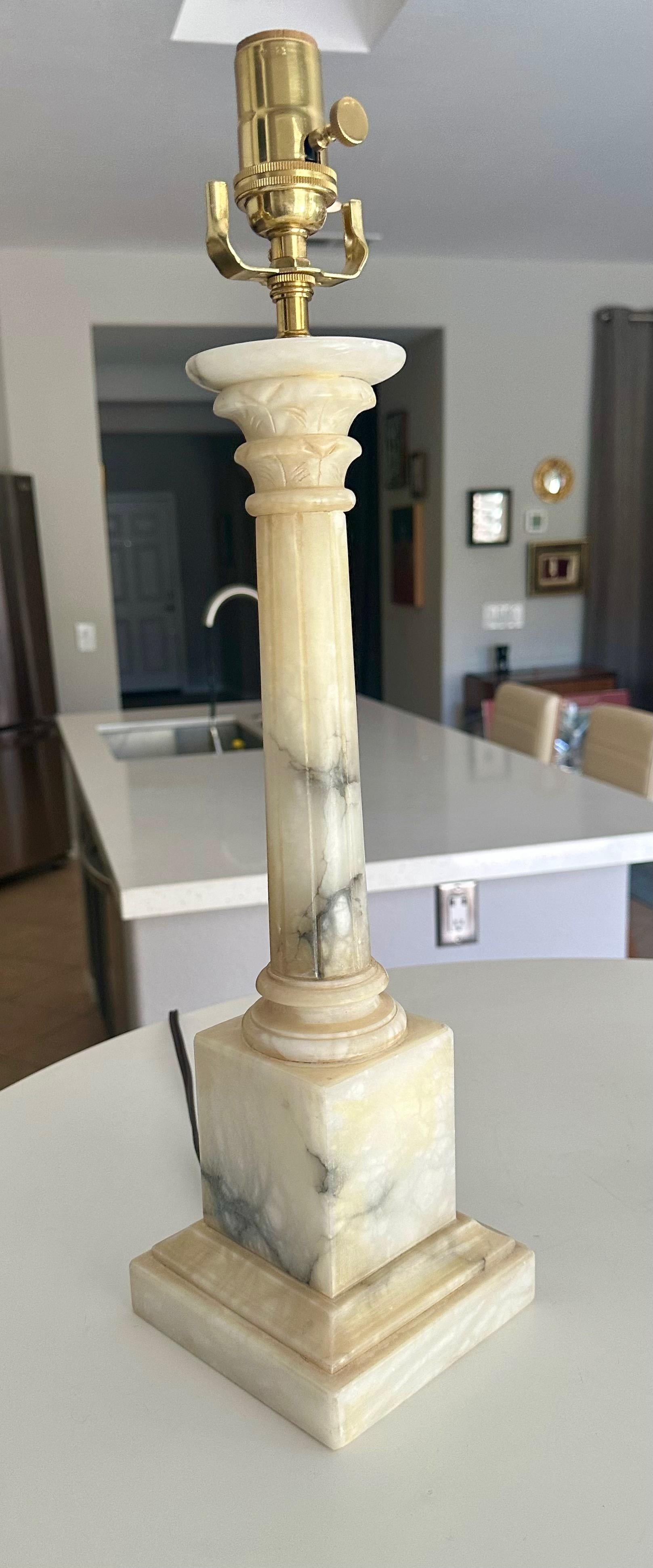 Pair Italian Column Neoclassic Alabaster Table Lamps 1