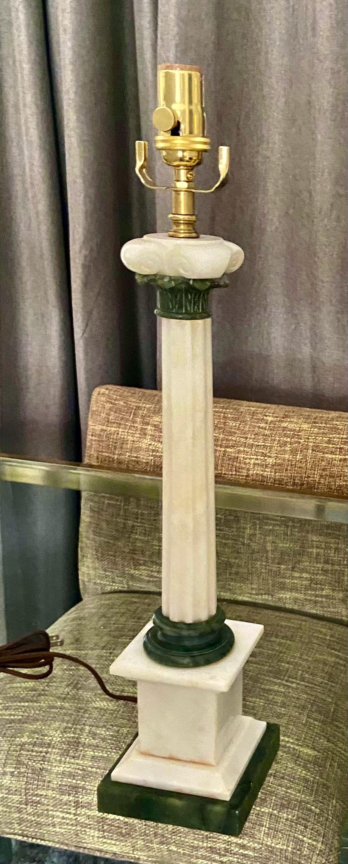 Pair Italian Column Neoclassic Alabaster Table Lamps For Sale 2