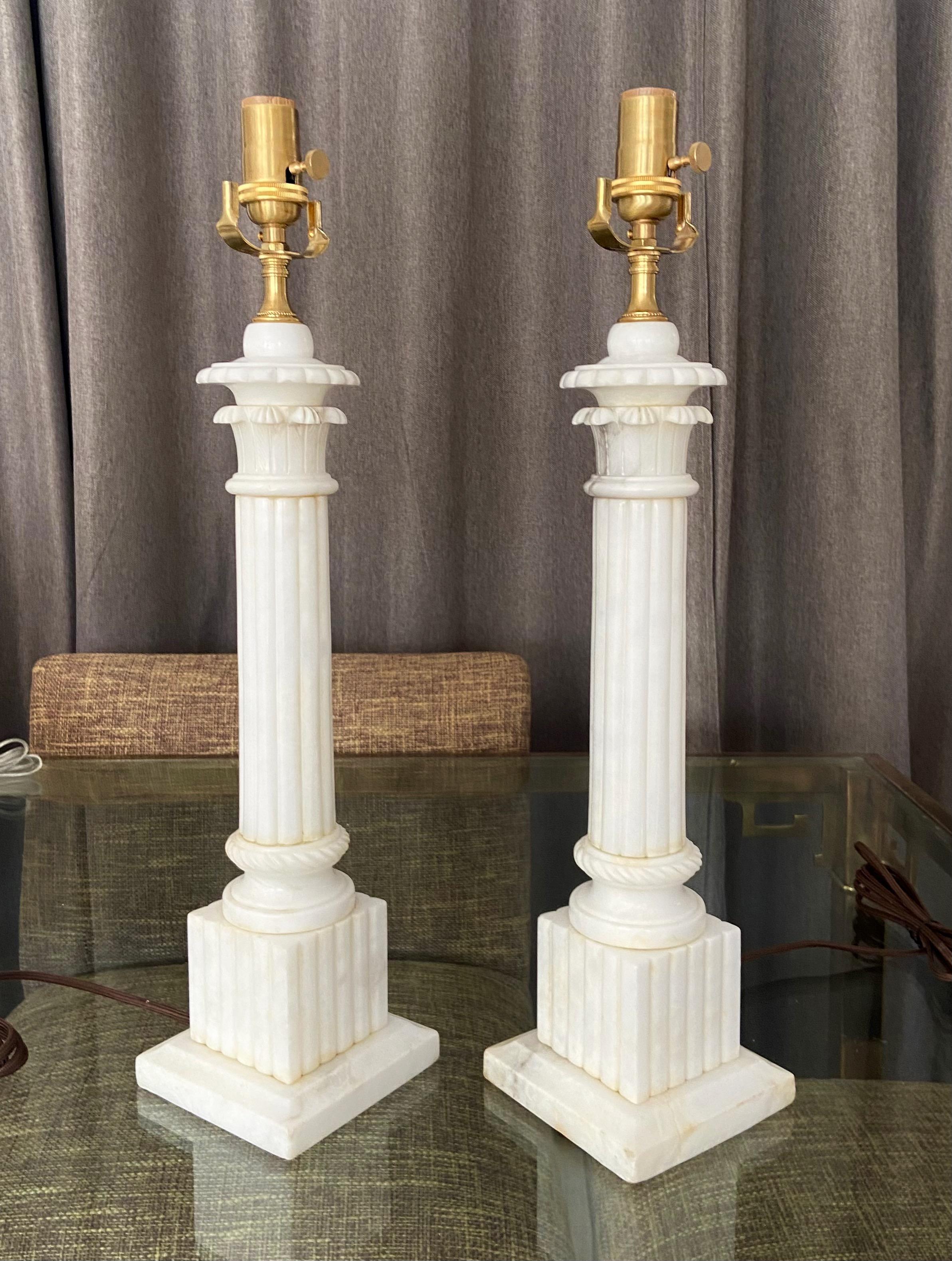 Pair Italian Column Neoclassic Alabaster Table Lamps 2