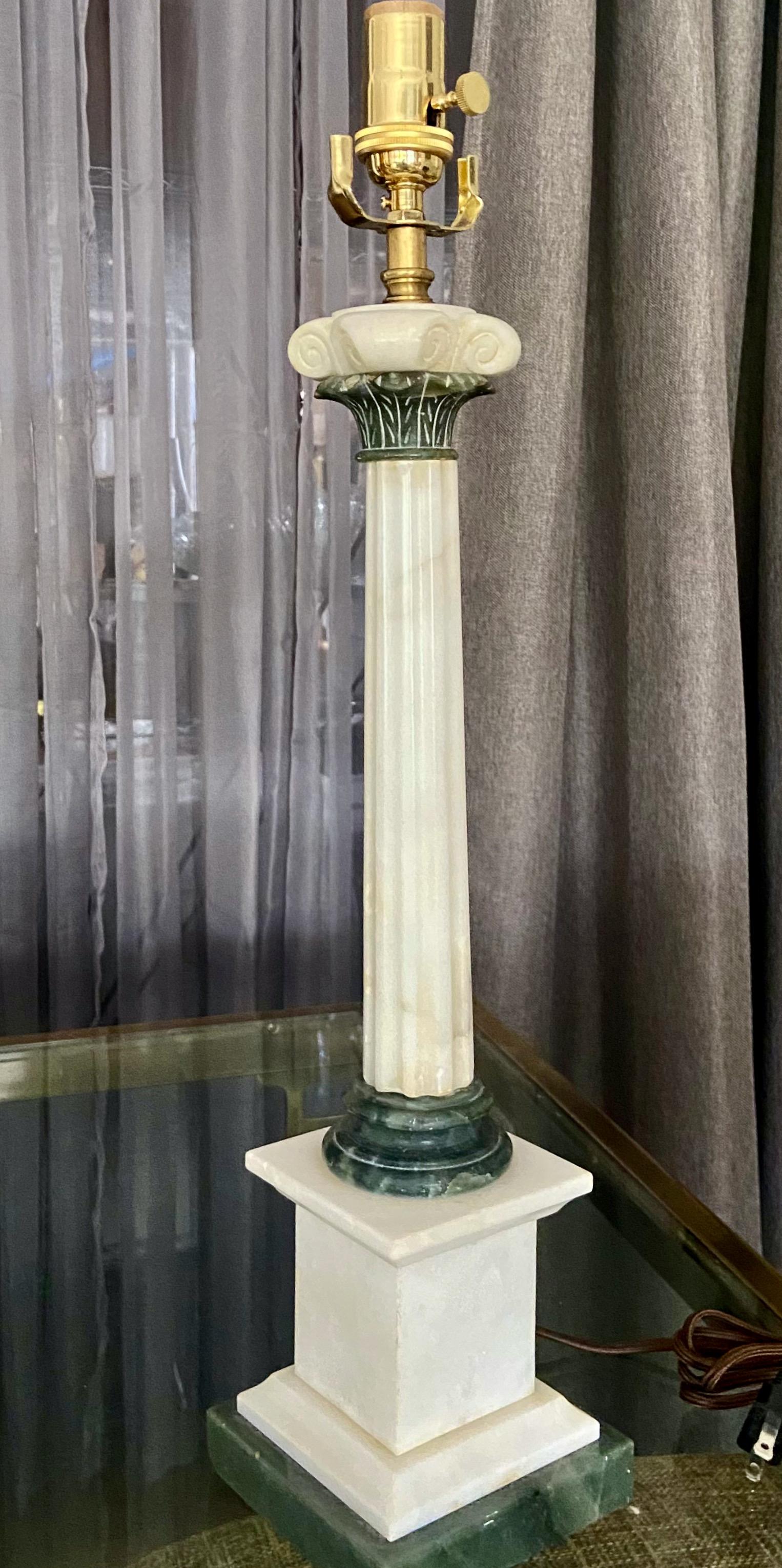 Pair Italian Column Neoclassic Alabaster Table Lamps For Sale 3