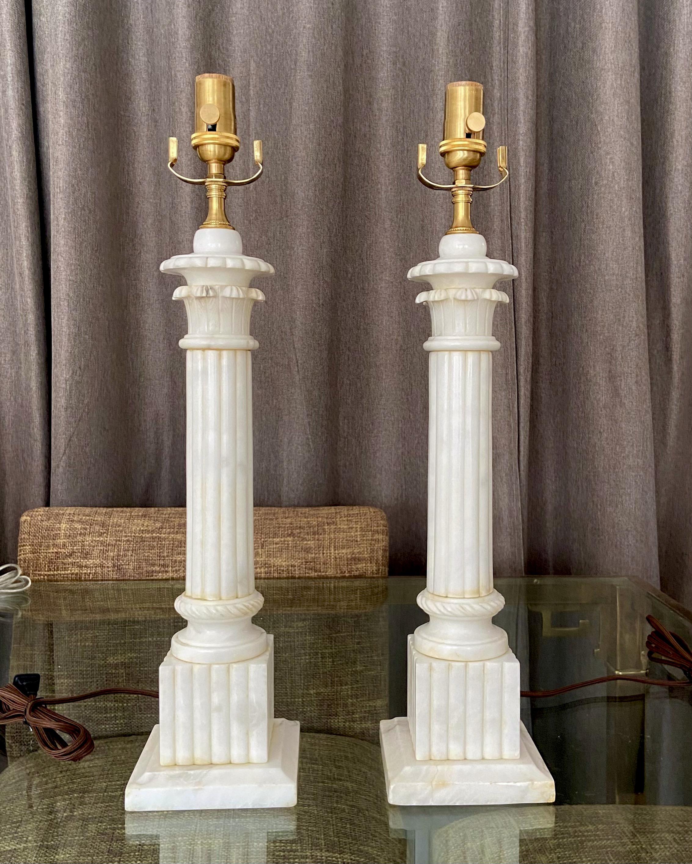 Pair Italian Column Neoclassic Alabaster Table Lamps 3