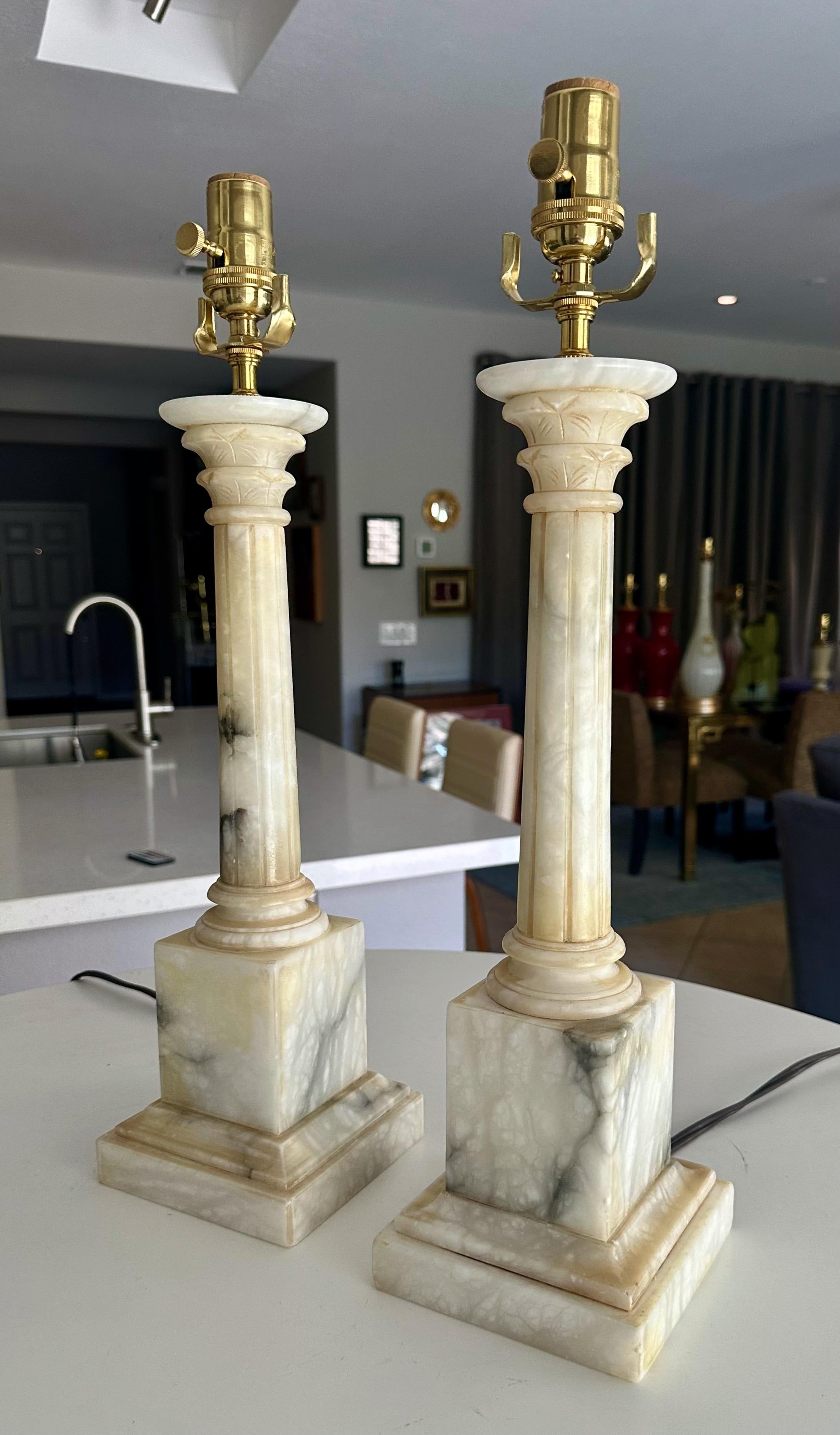 Pair Italian Column Neoclassic Alabaster Table Lamps 3