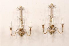 Italian Column-Style Carved-Wood 2-Light Wall Sconces with Crystal Accents, Pair