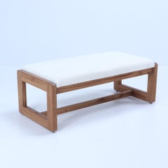 Pair Italian oak benches done in a boucle white fabric