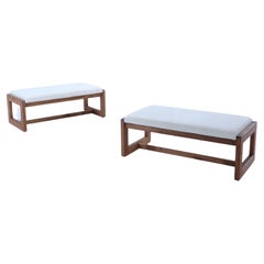 Pair Italian contemporary oak benches done in a boucle white fabric