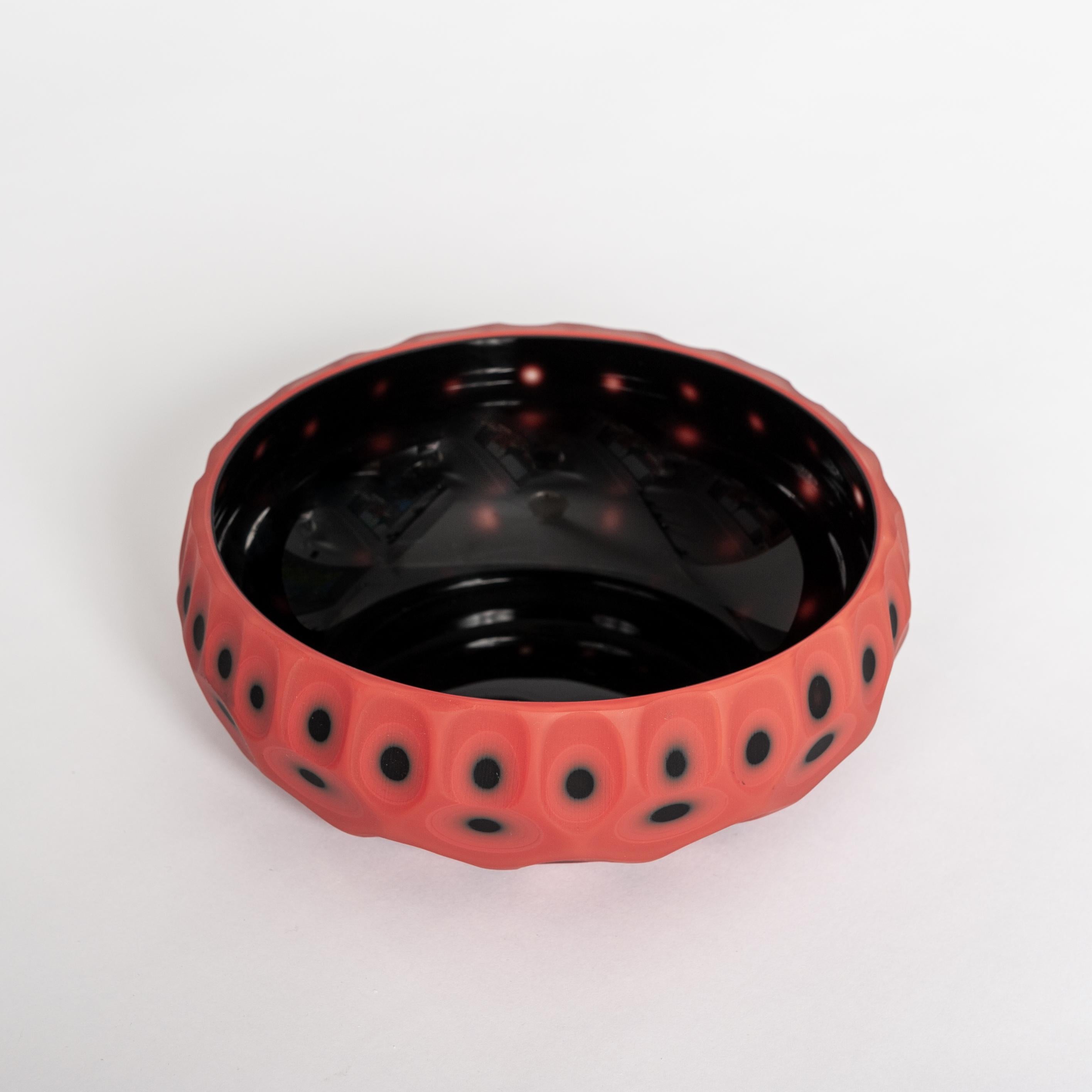 Hand-Crafted Italian Modern Coral-Black Murano Glass Bowls with Battuto Decor by Afro Celotto For Sale