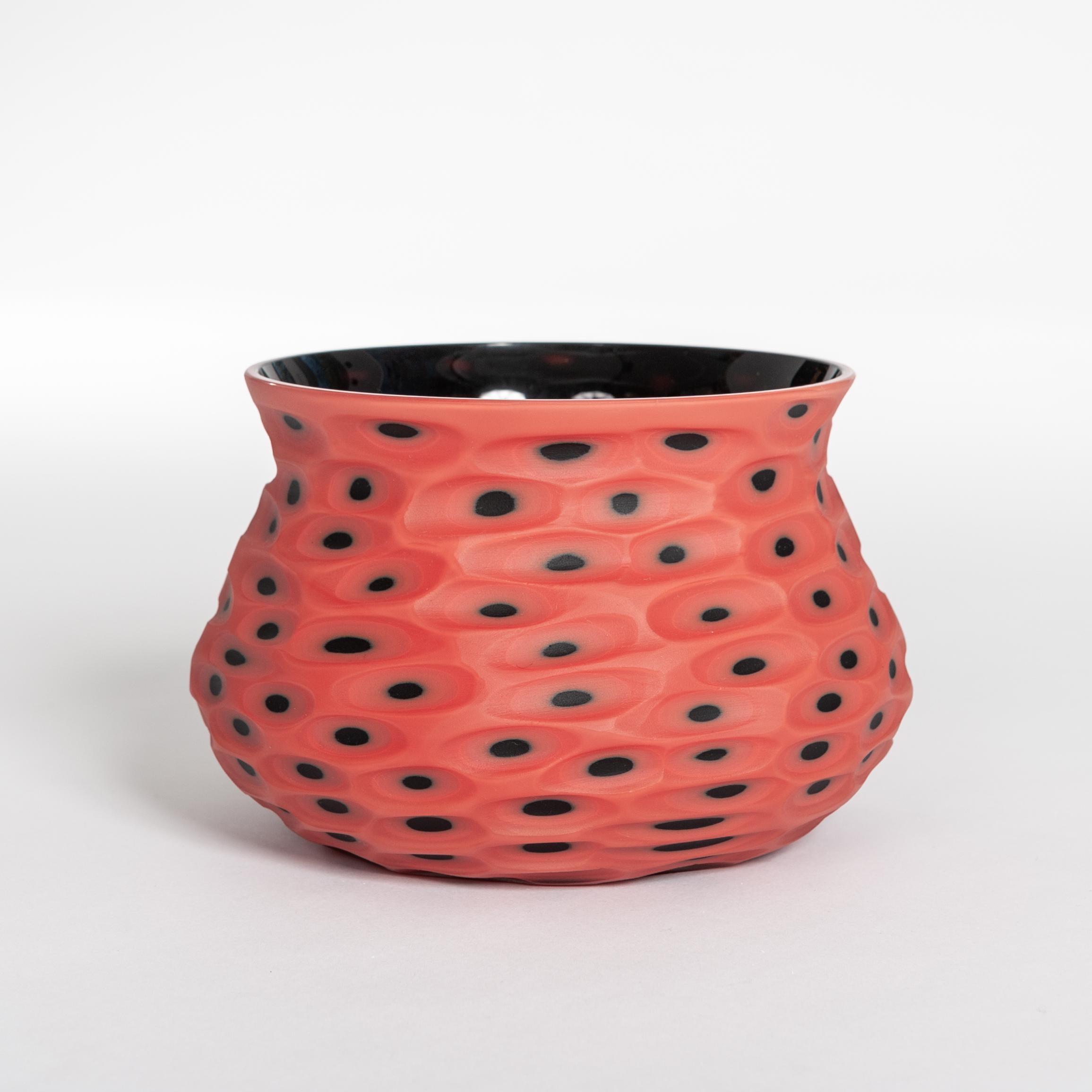 Contemporary Italian Modern Coral-Black Murano Glass Bowls with Battuto Decor by Afro Celotto For Sale