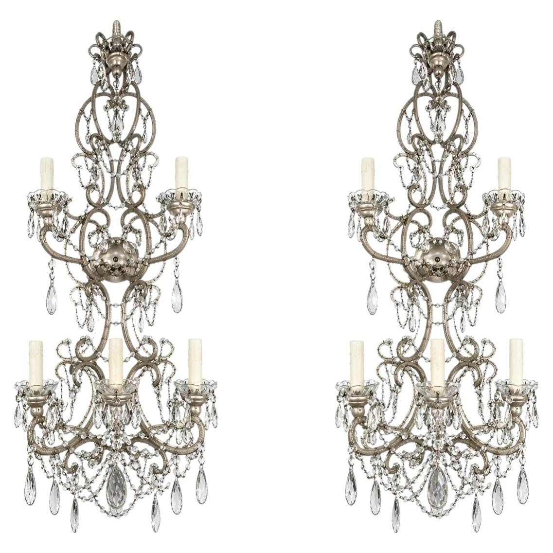 Pair Italian Crystal Beaded Wall Sconces, Mid-20th Century For Sale