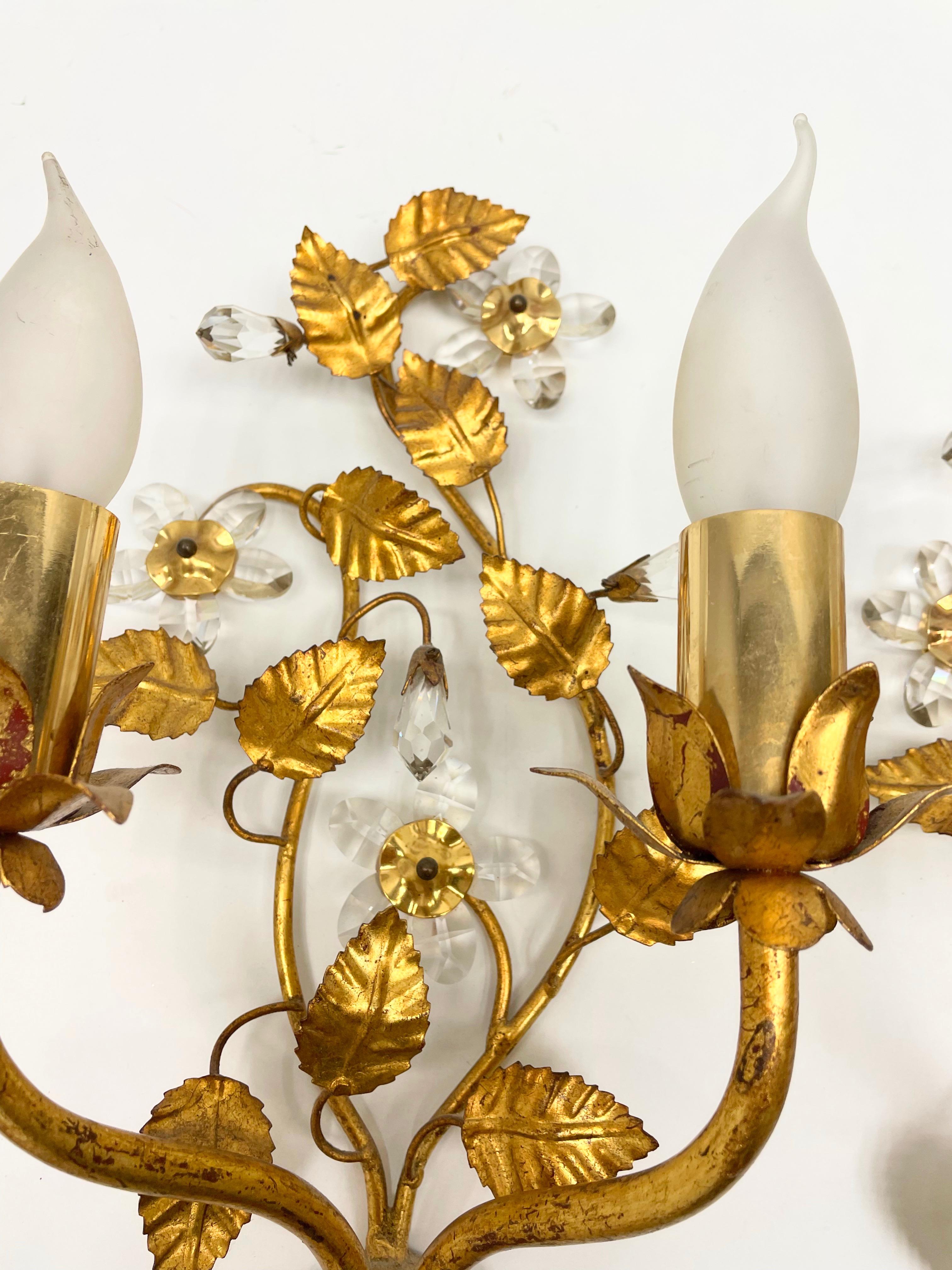 Metal Pair of Italian Crystal Flower Gilt Wall Sconce by Banci Florence, Italy, 1950s