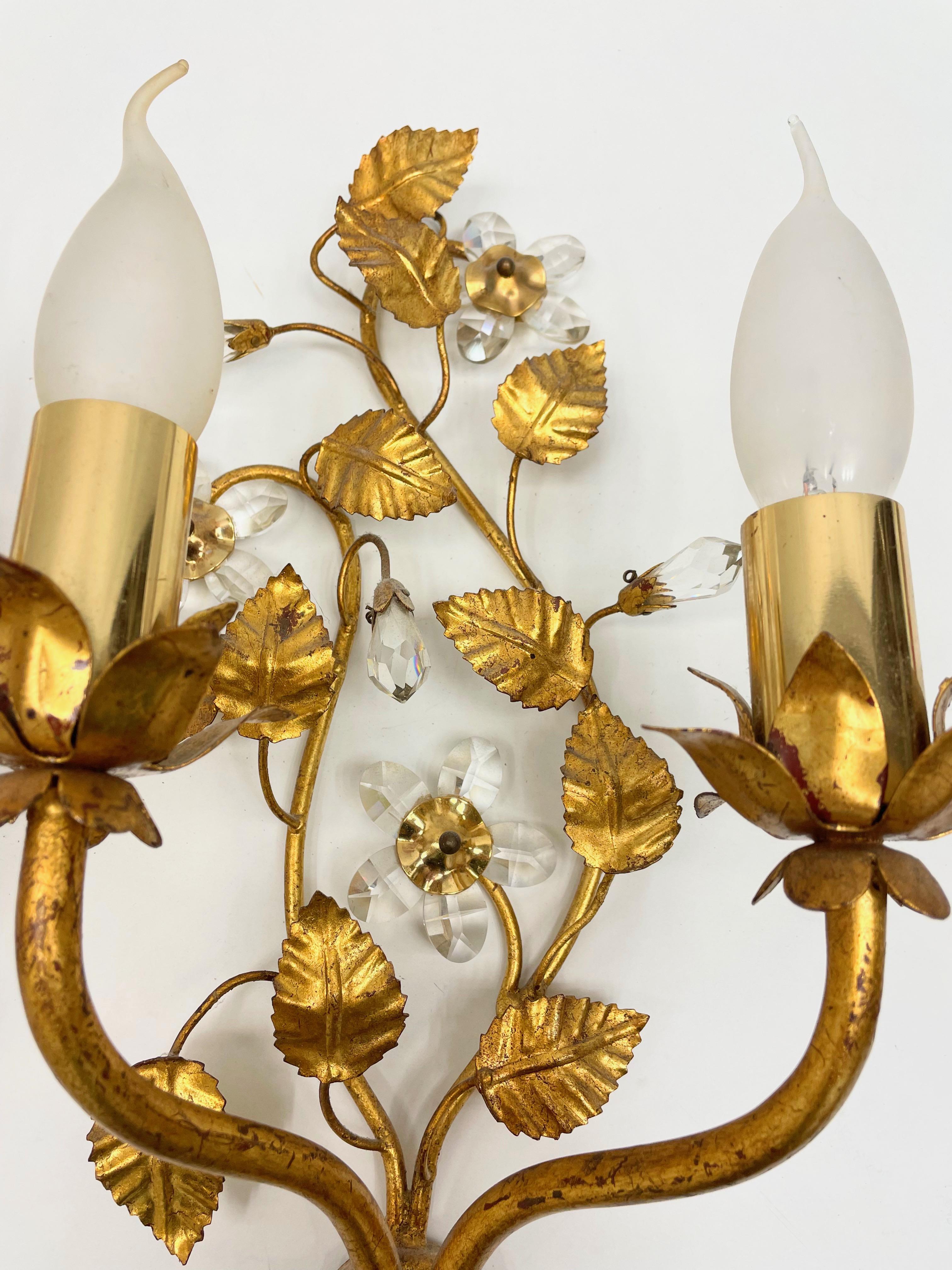 Pair of Italian Crystal Flower Gilt Wall Sconce by Banci Florence, Italy, 1950s 1