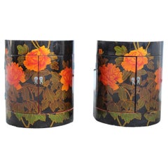 Pair Italian Decorative Night Stands Lacquered with Rounded Flowers and Leaves