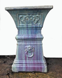 Pair Italian Deruta Garden Pedestals Glazed Ceramic Stands Lion Masks