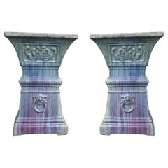 Pair Italian Deruta Garden Pedestals Glazed Ceramic Stands Lion Masks