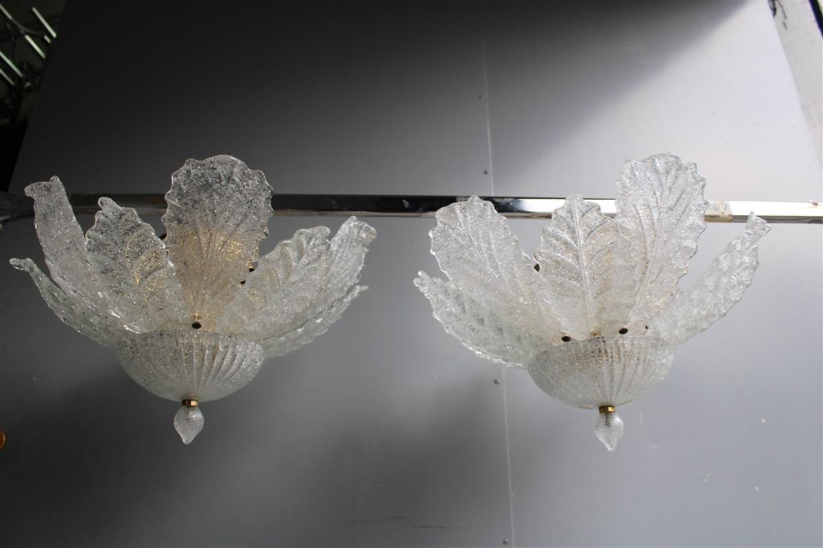 Late 20th Century Pair Italian Design Flower Chandelier Murano Glass Gold Structure 