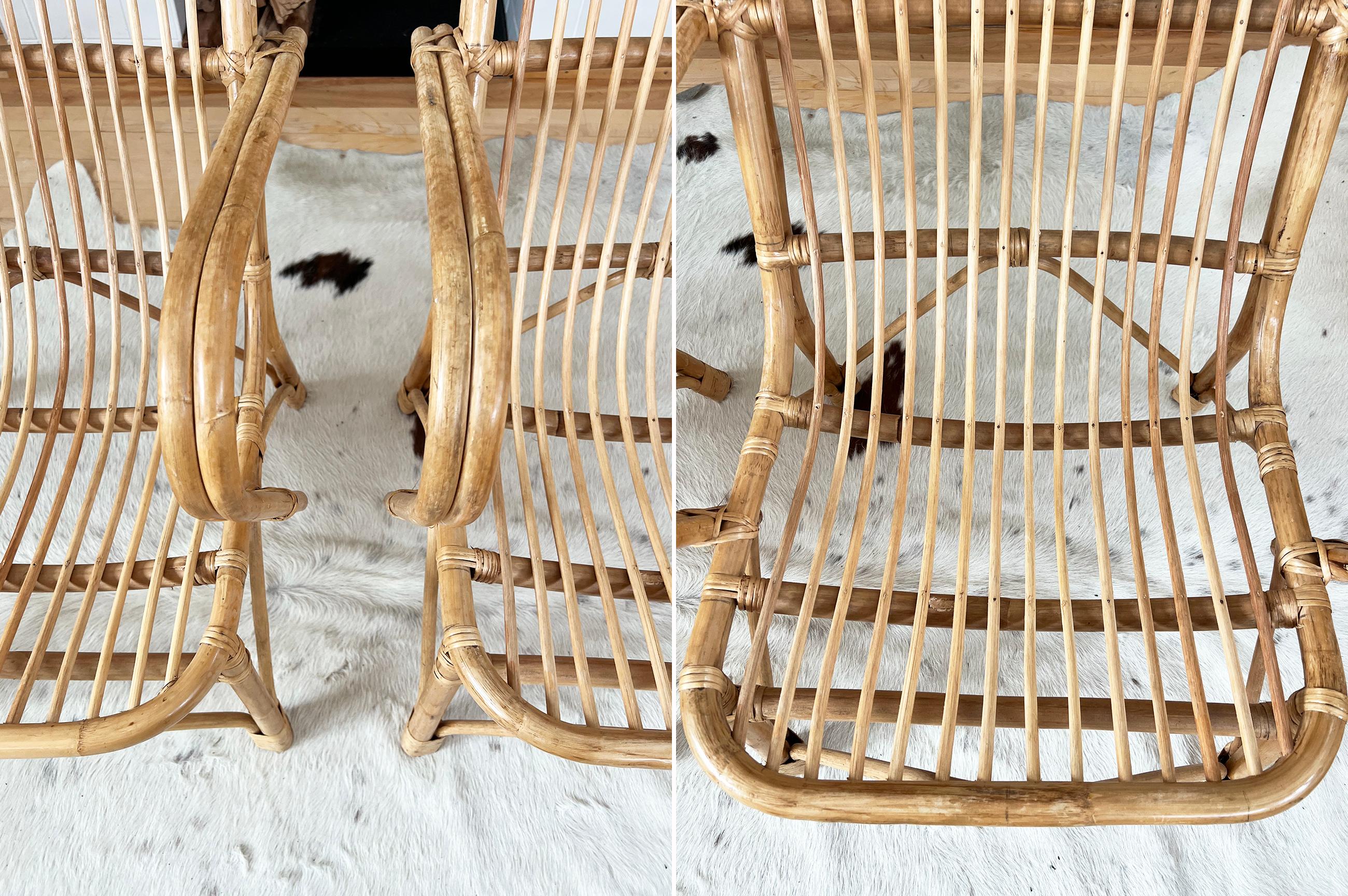 Pair Italian Designer Mid Century 1960s Bamboo Woven Lounge Chairs-- Two Pieces For Sale 2