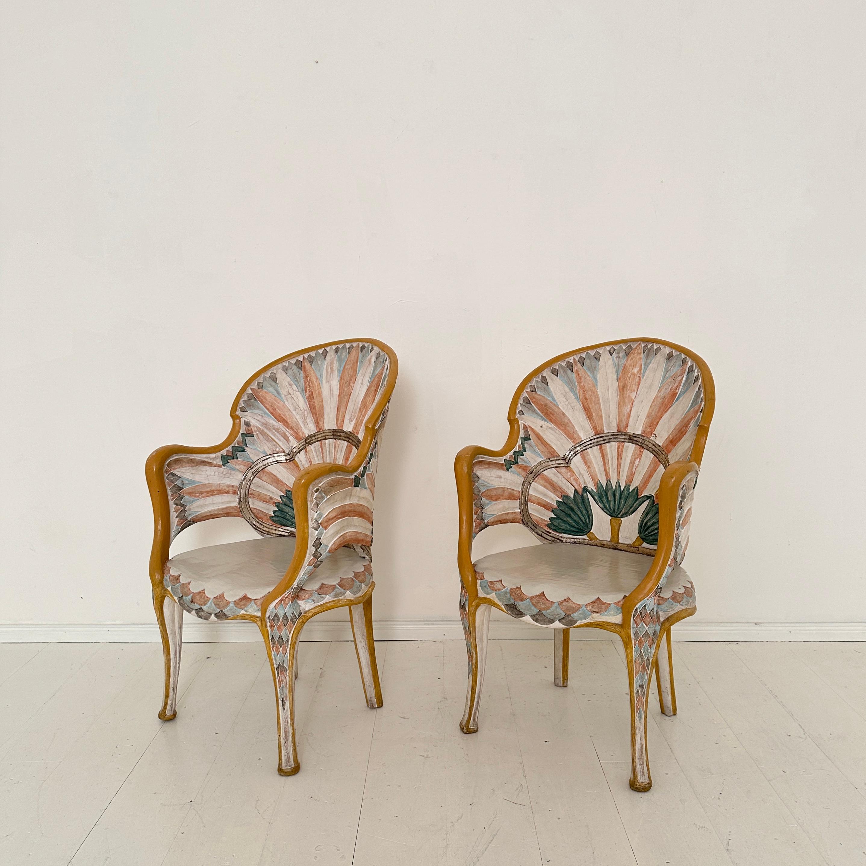 Pair Italian Dining Chairs in the Egyptian Revival, Carved and Painted, 1970s 4