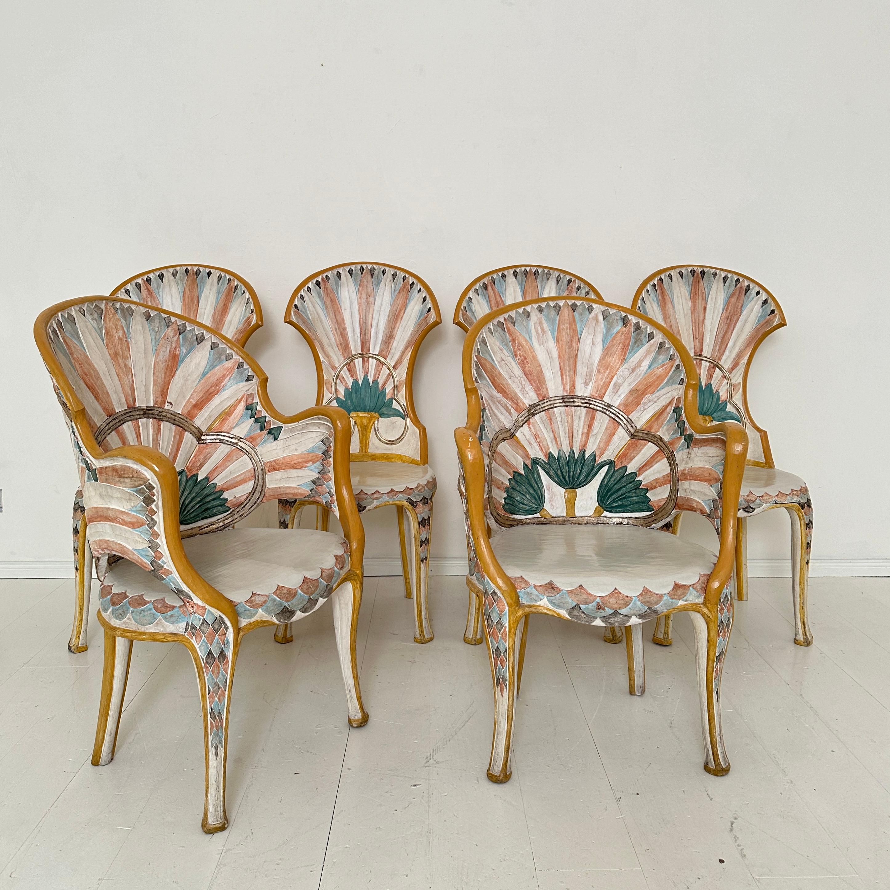 Pair Italian Dining Chairs in the Egyptian Revival, Carved and Painted, 1970s 6