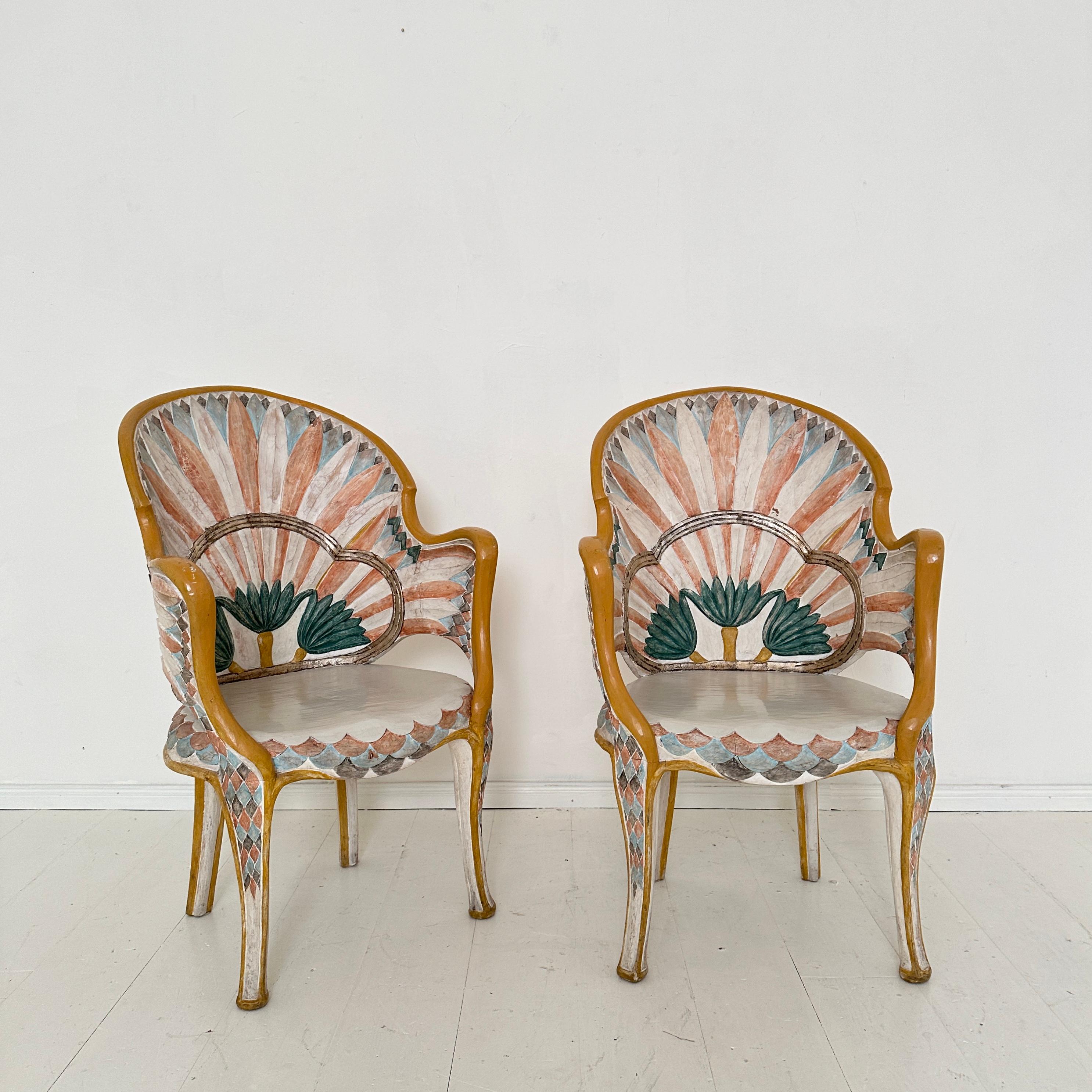Hand-Carved Pair Italian Dining Chairs in the Egyptian Revival, Carved and Painted, 1970s