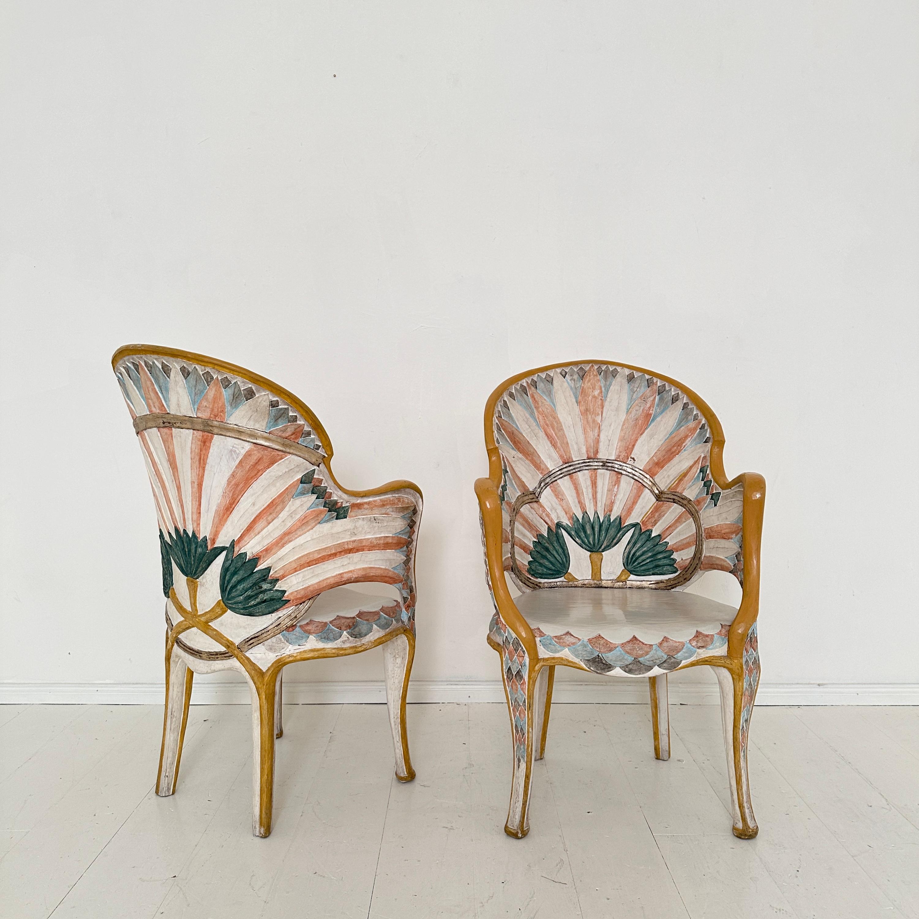 Late 20th Century Pair Italian Dining Chairs in the Egyptian Revival, Carved and Painted, 1970s
