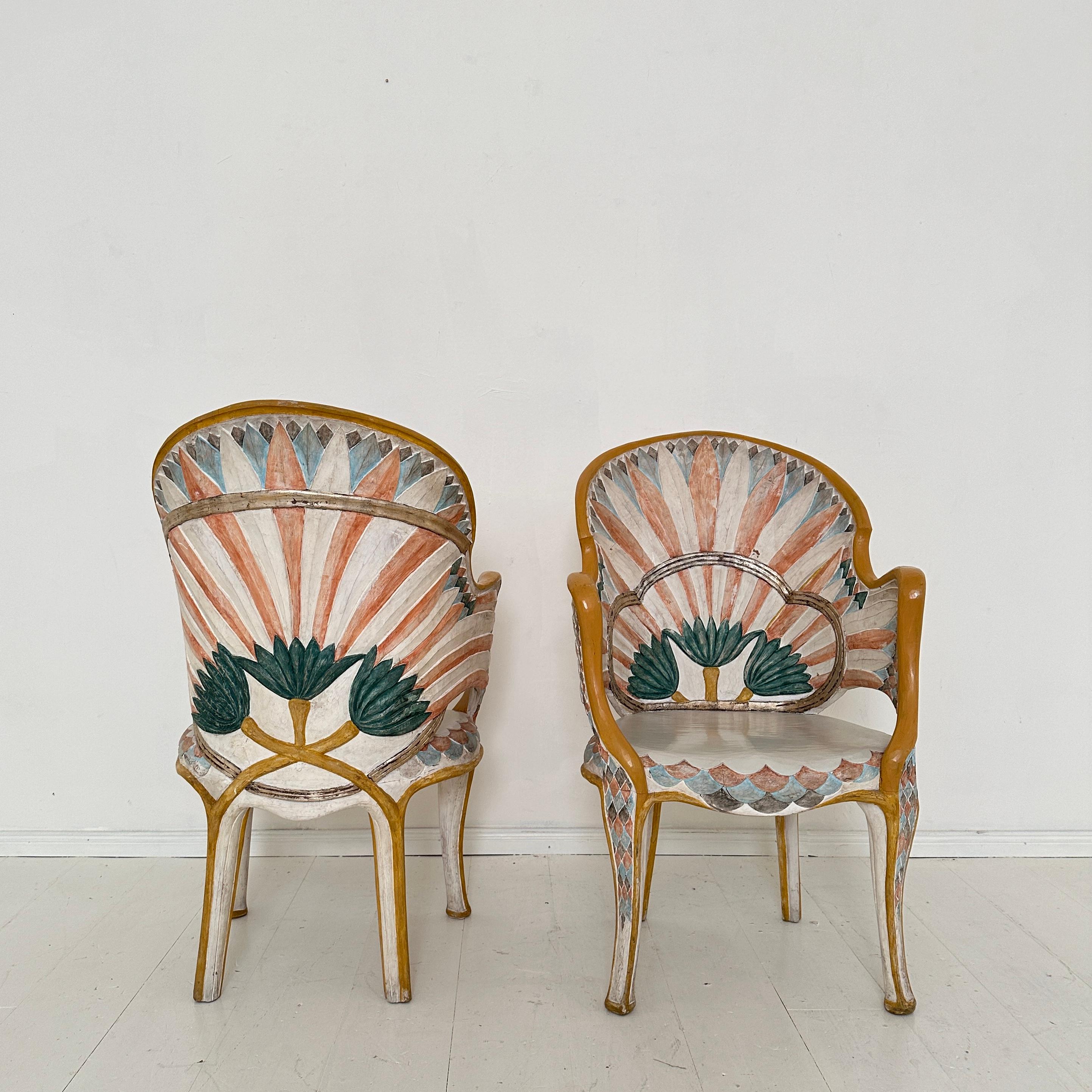 Beech Pair Italian Dining Chairs in the Egyptian Revival, Carved and Painted, 1970s