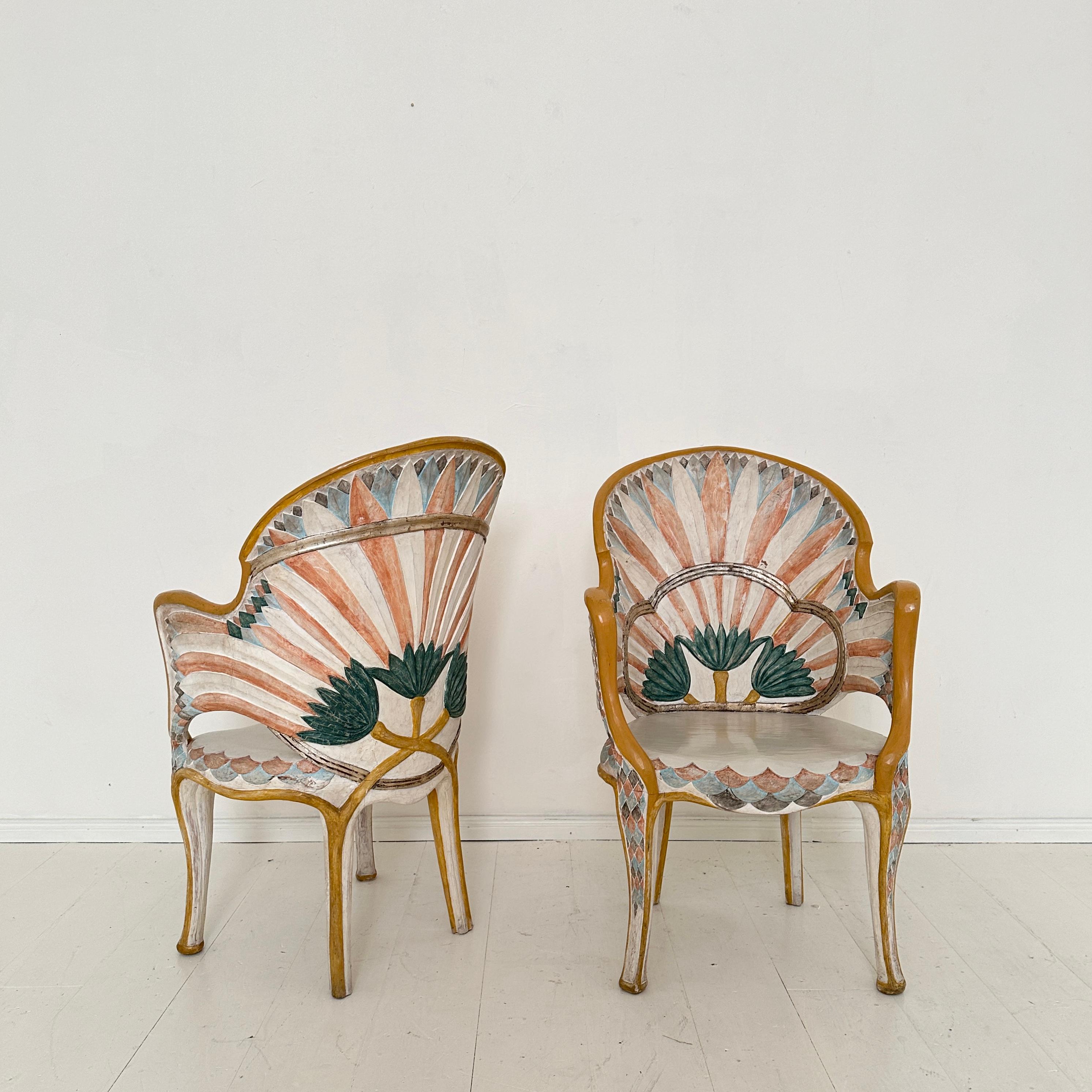 Pair Italian Dining Chairs in the Egyptian Revival, Carved and Painted, 1970s 1
