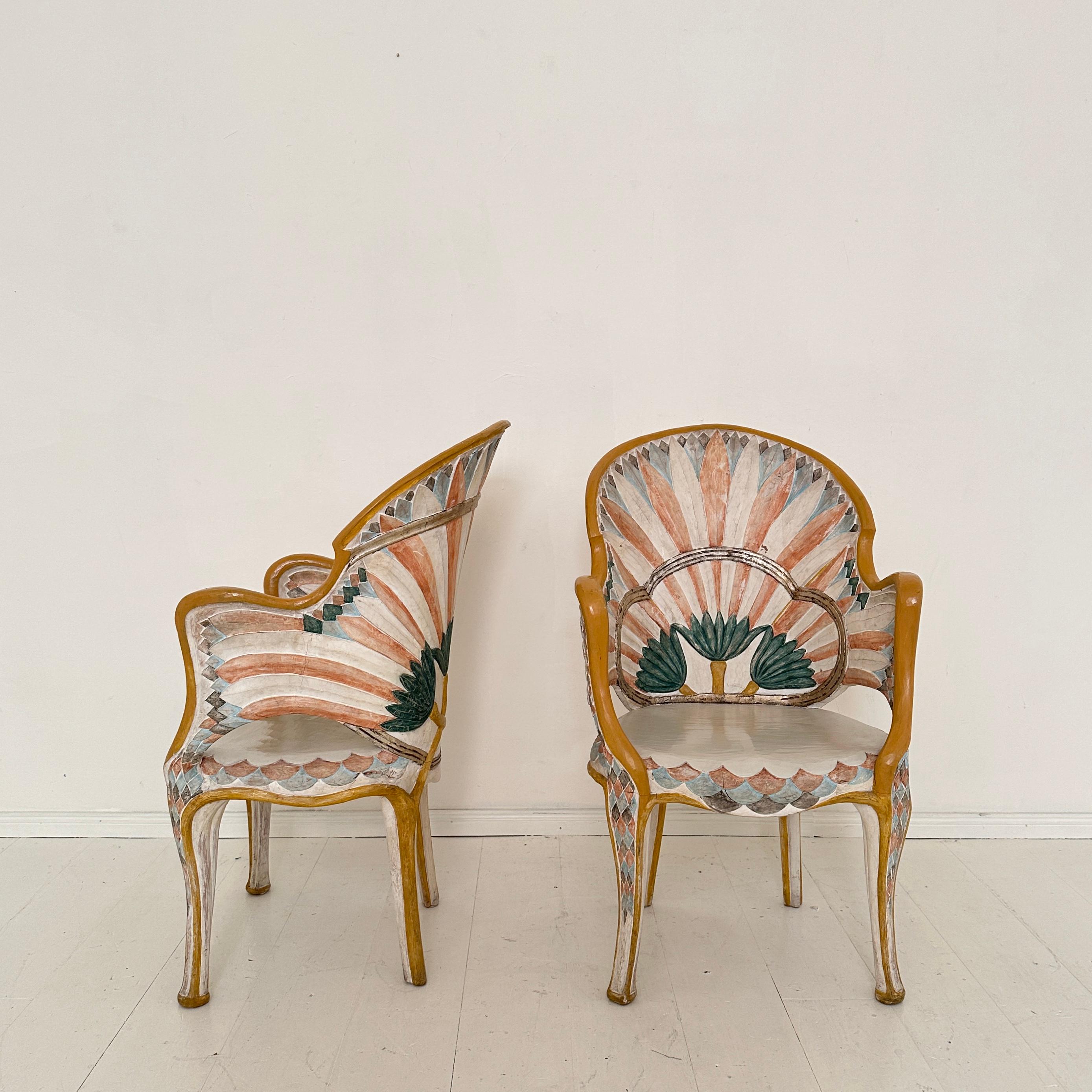 Pair Italian Dining Chairs in the Egyptian Revival, Carved and Painted, 1970s 2