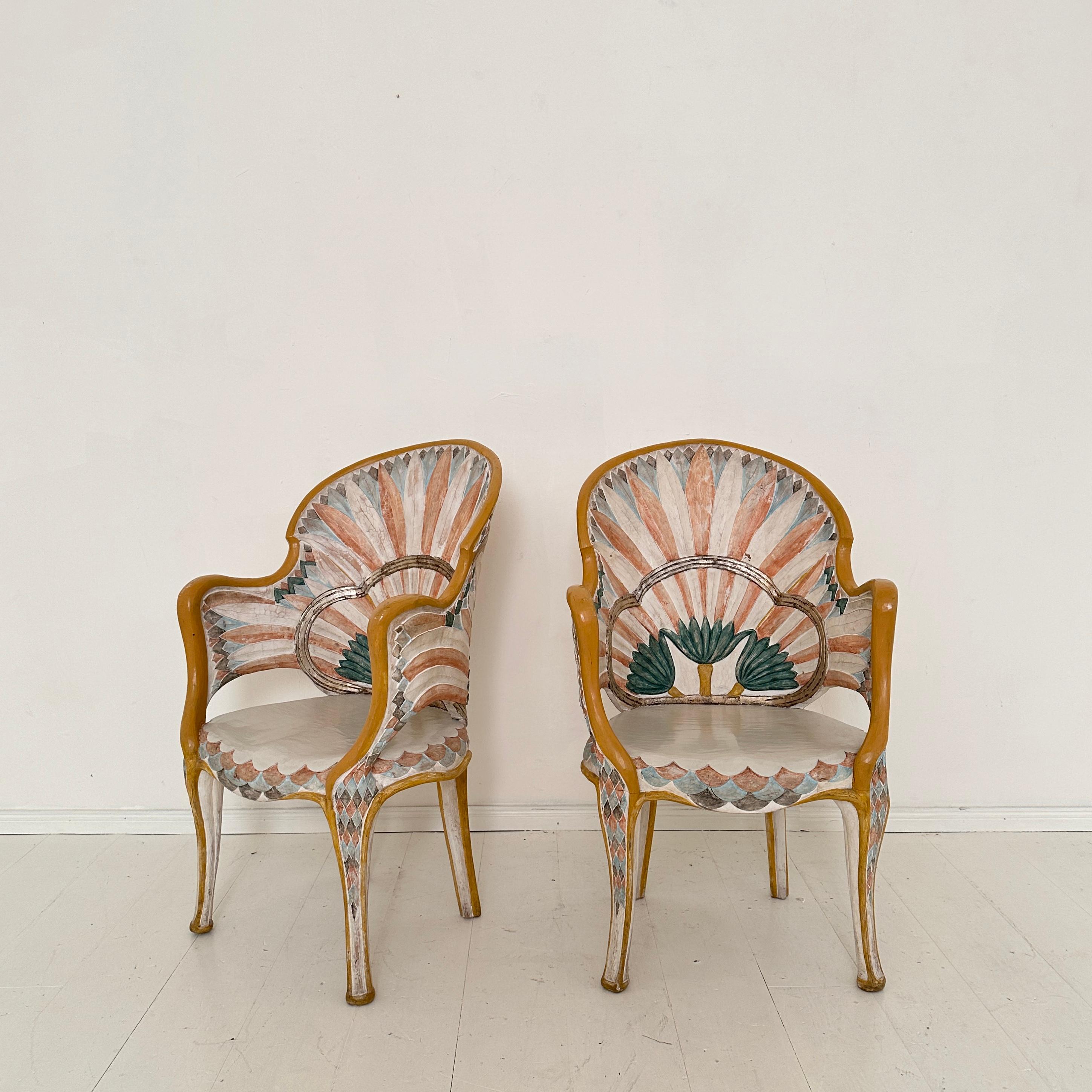 Pair Italian Dining Chairs in the Egyptian Revival, Carved and Painted, 1970s 3