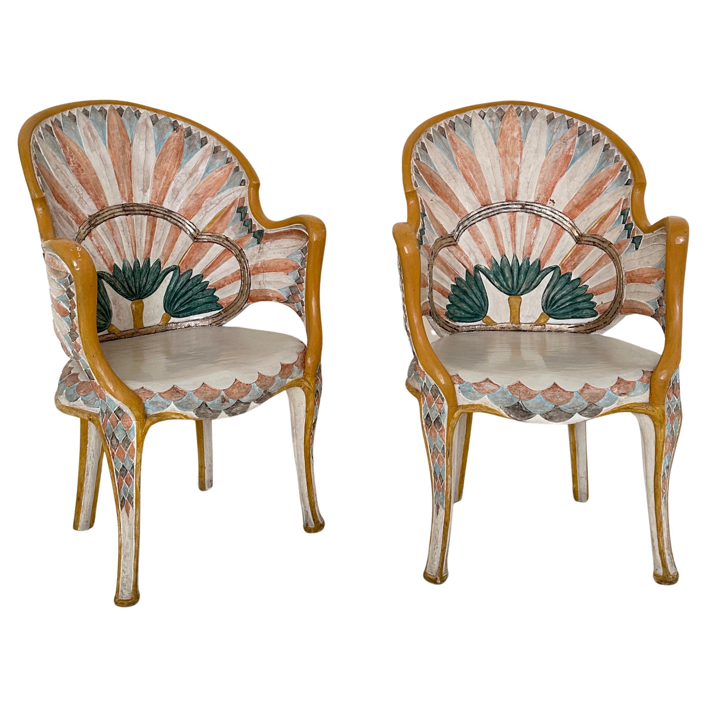 Pair Italian Dining Chairs in the Egyptian Revival, Carved and Painted, 1970s