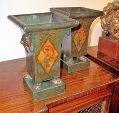 Pair of Italian Directoire Style Antique Tôle Peinte Urns or Pots