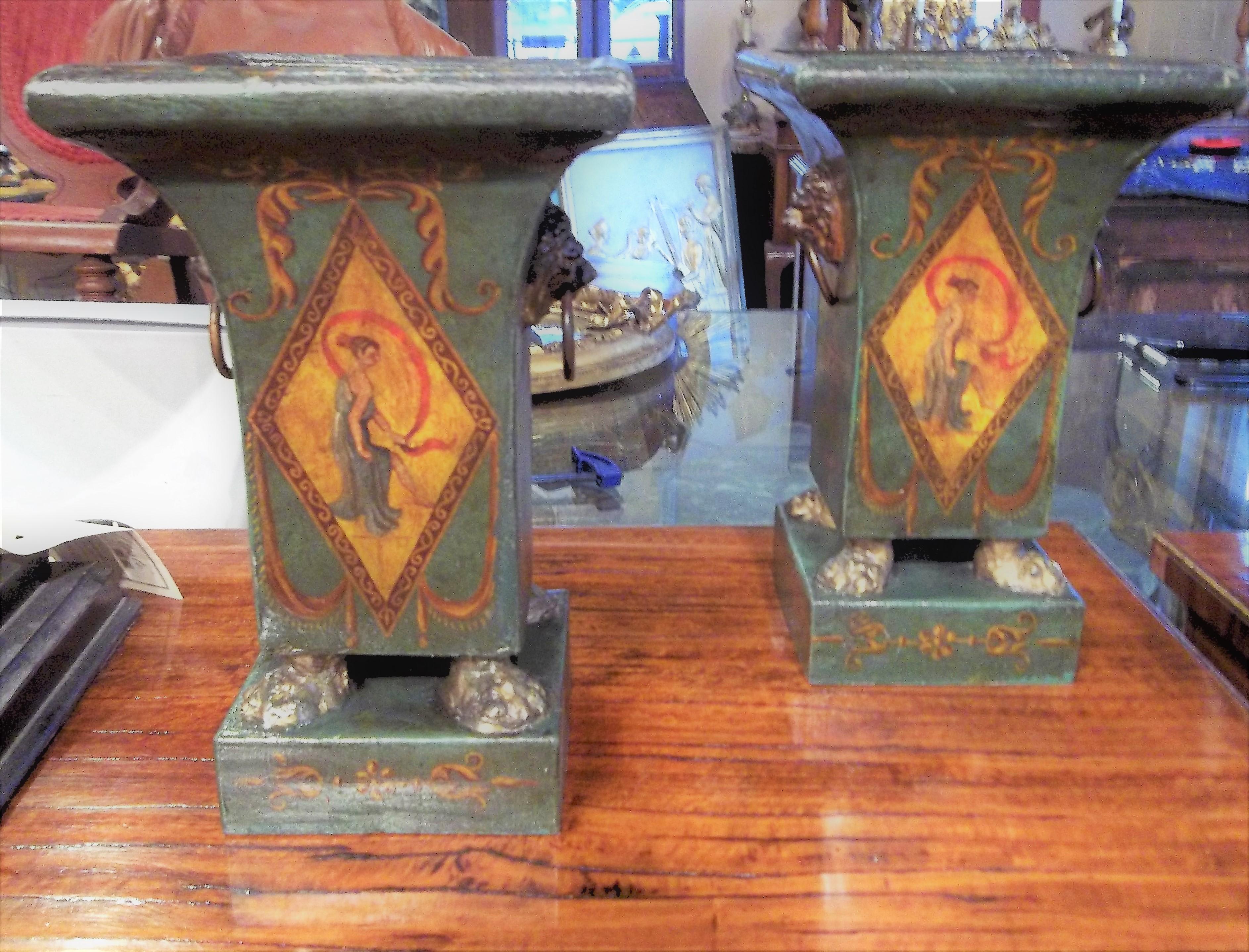 Pair of Italian Directoire Style Antique Tôle Peinte Urns or Pots 1