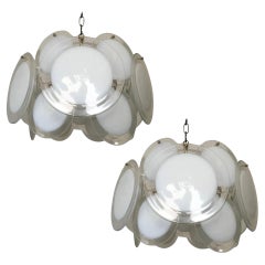 Pair Italian Disc Chandeliers by Vistosi, Murano, 1970s